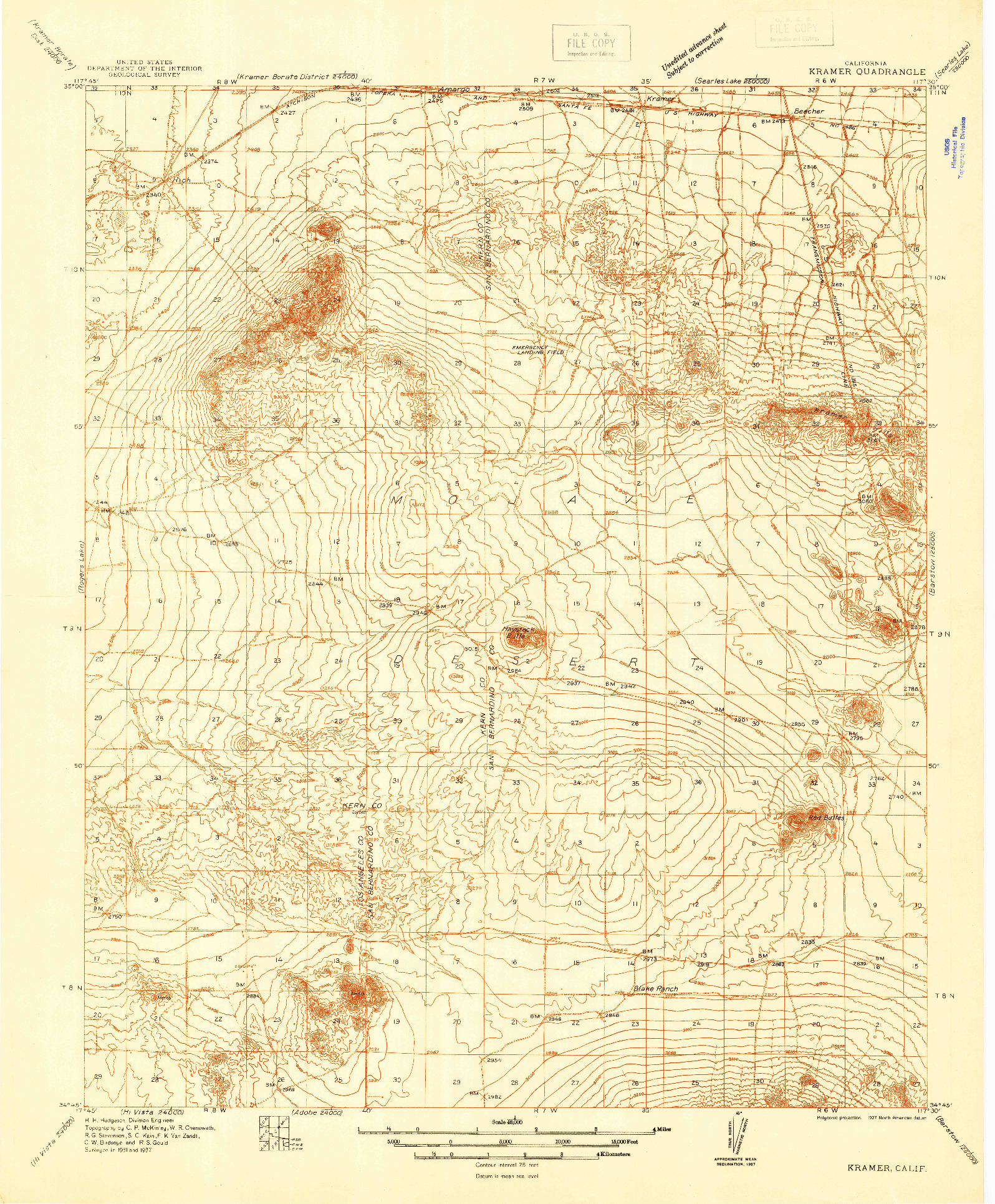 USGS 1:48000-SCALE QUADRANGLE FOR KRAMER, CA 1937