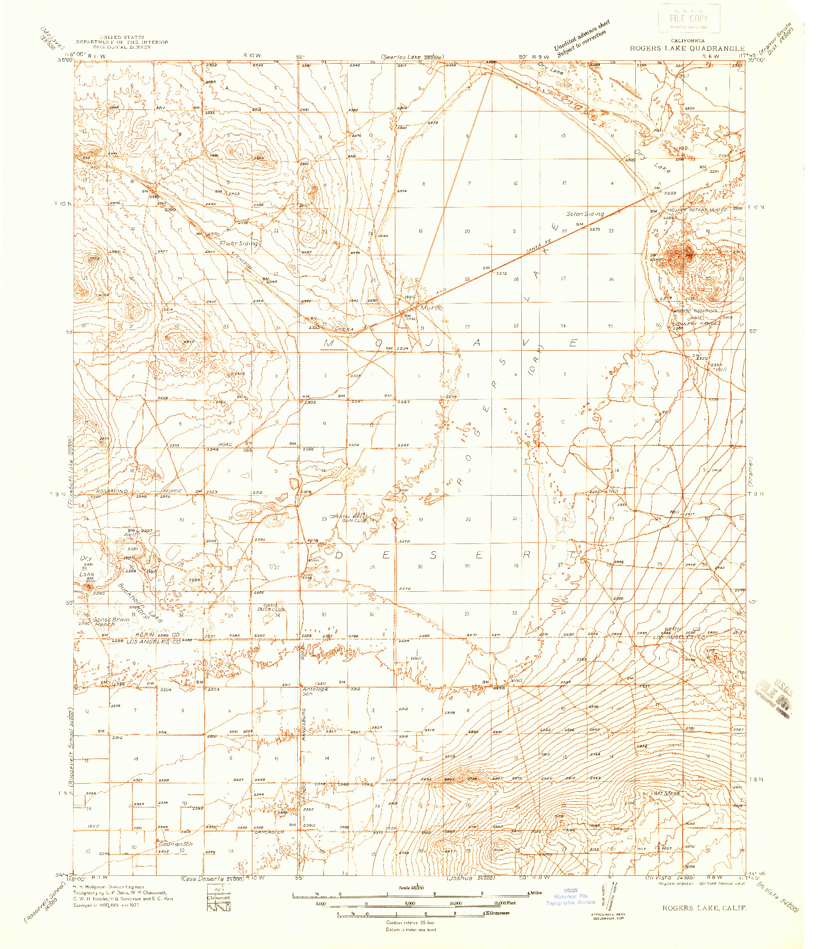 USGS 1:48000-SCALE QUADRANGLE FOR ROGERS LAKE, CA 1937