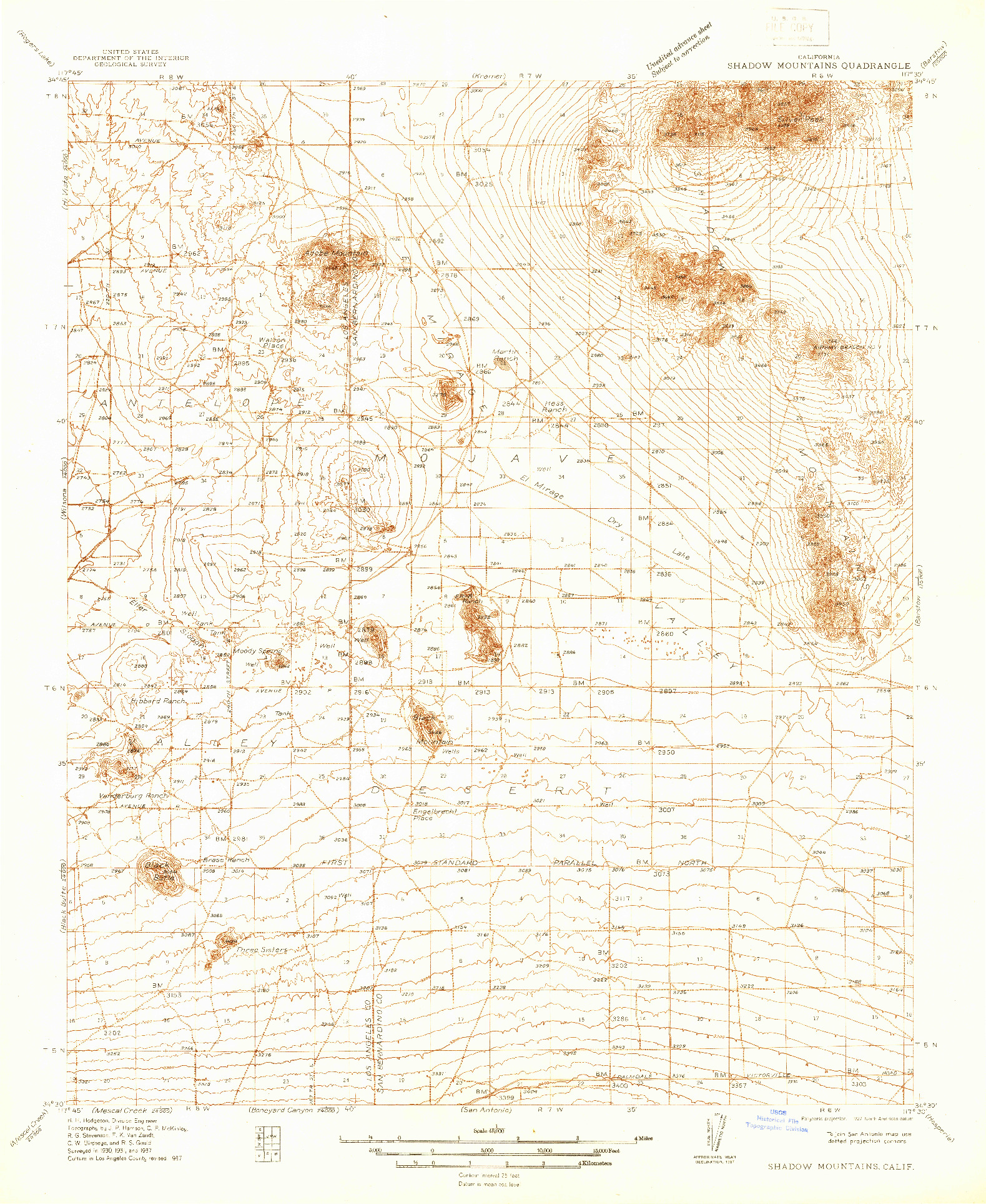 USGS 1:48000-SCALE QUADRANGLE FOR SHADOW MOUNTAINS, CA 1937
