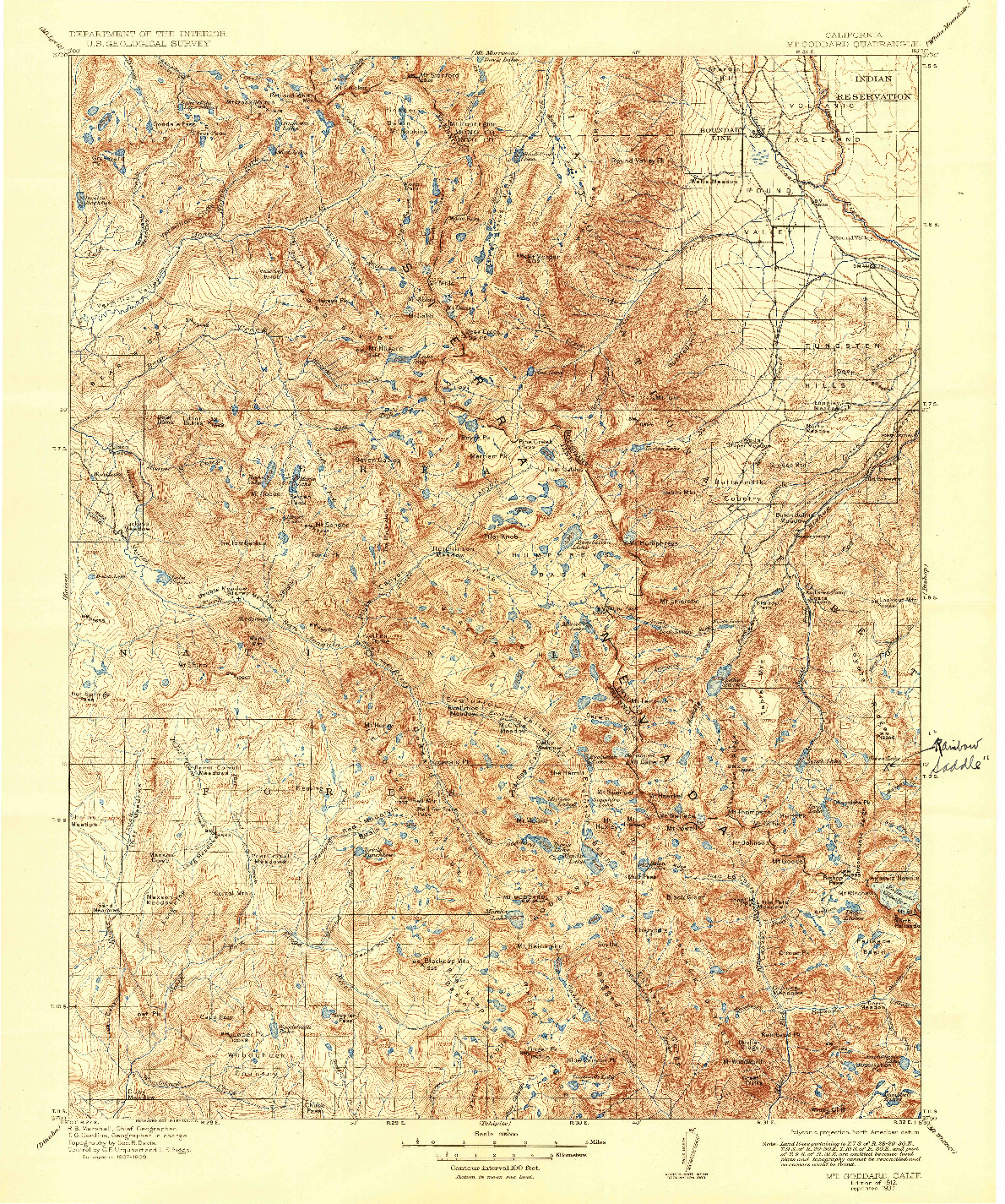 USGS 1:125000-SCALE QUADRANGLE FOR MT. GODDARD, CA 1912