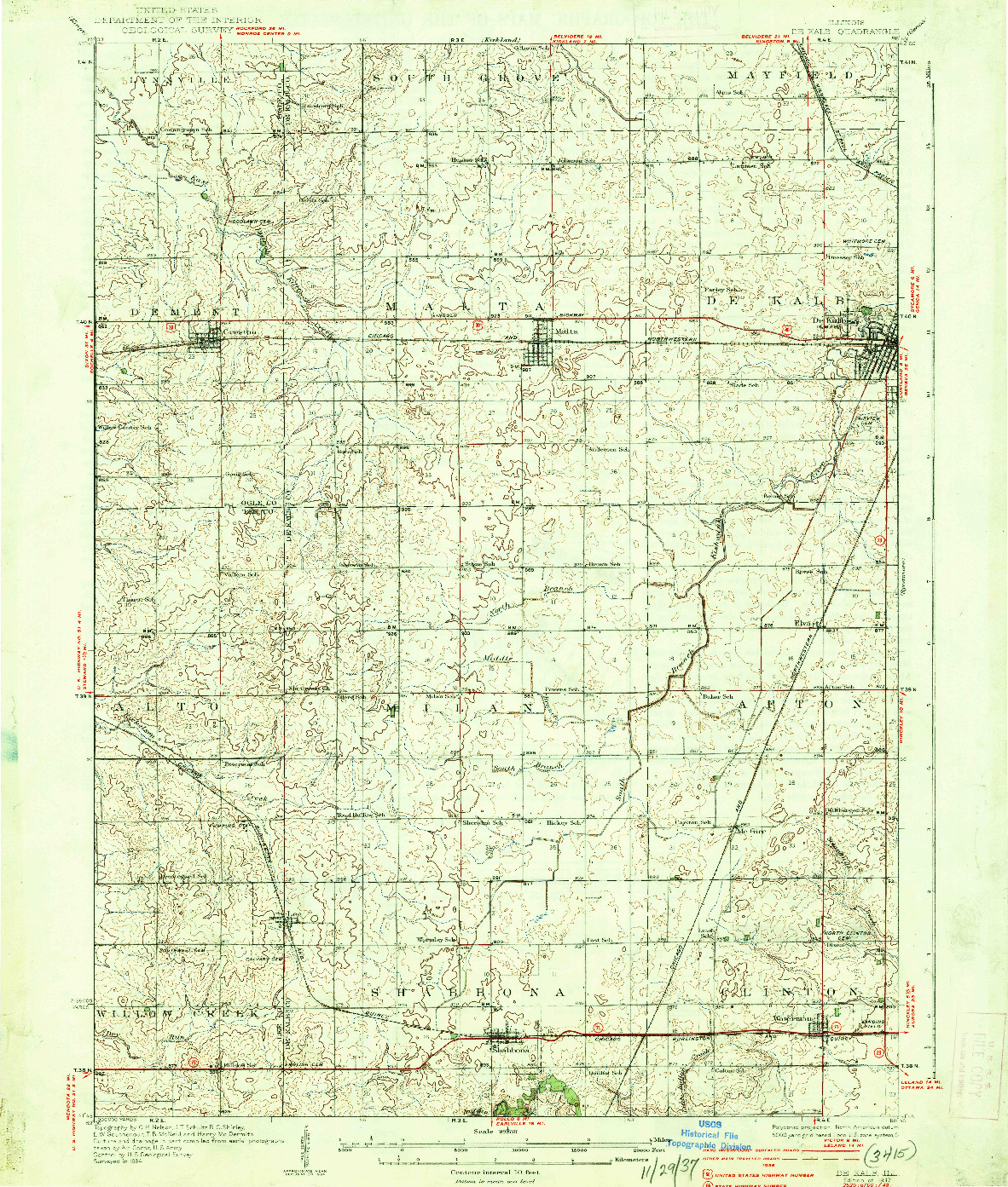 USGS 1:62500-SCALE QUADRANGLE FOR DE KALB, IL 1937