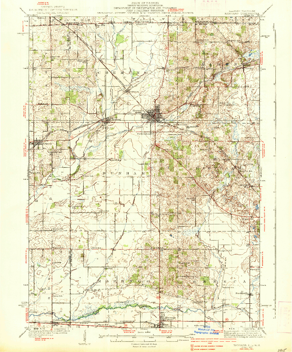 USGS 1:62500-SCALE QUADRANGLE FOR HARVARD, IL 1937