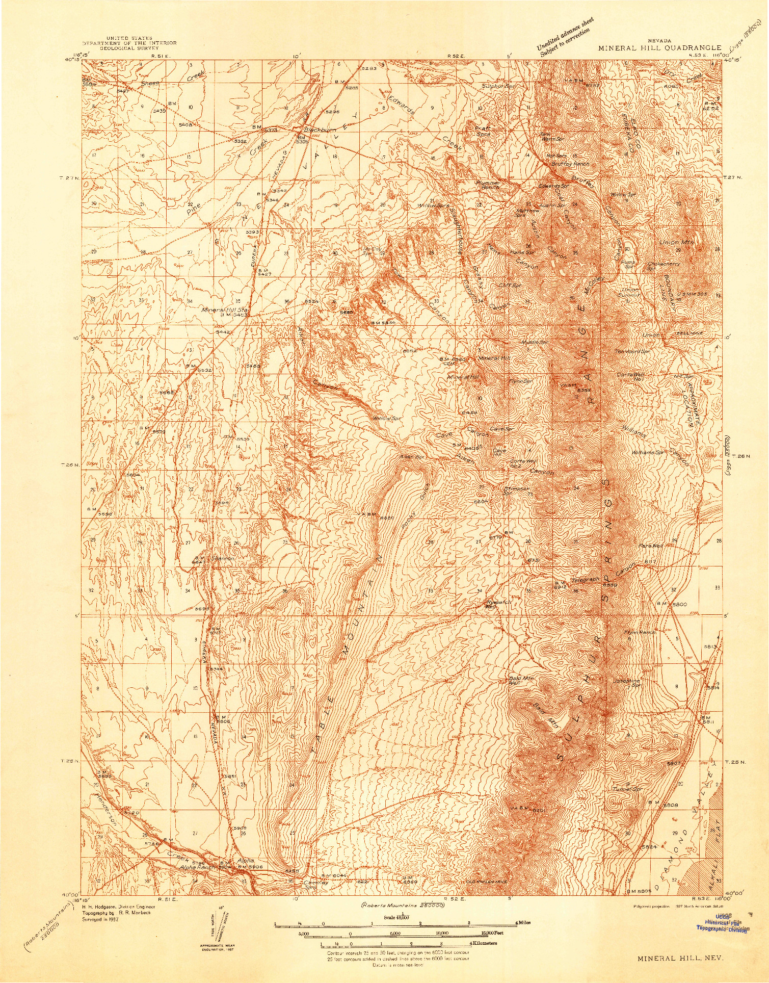 USGS 1:48000-SCALE QUADRANGLE FOR MINERAL HILL, NV 1937