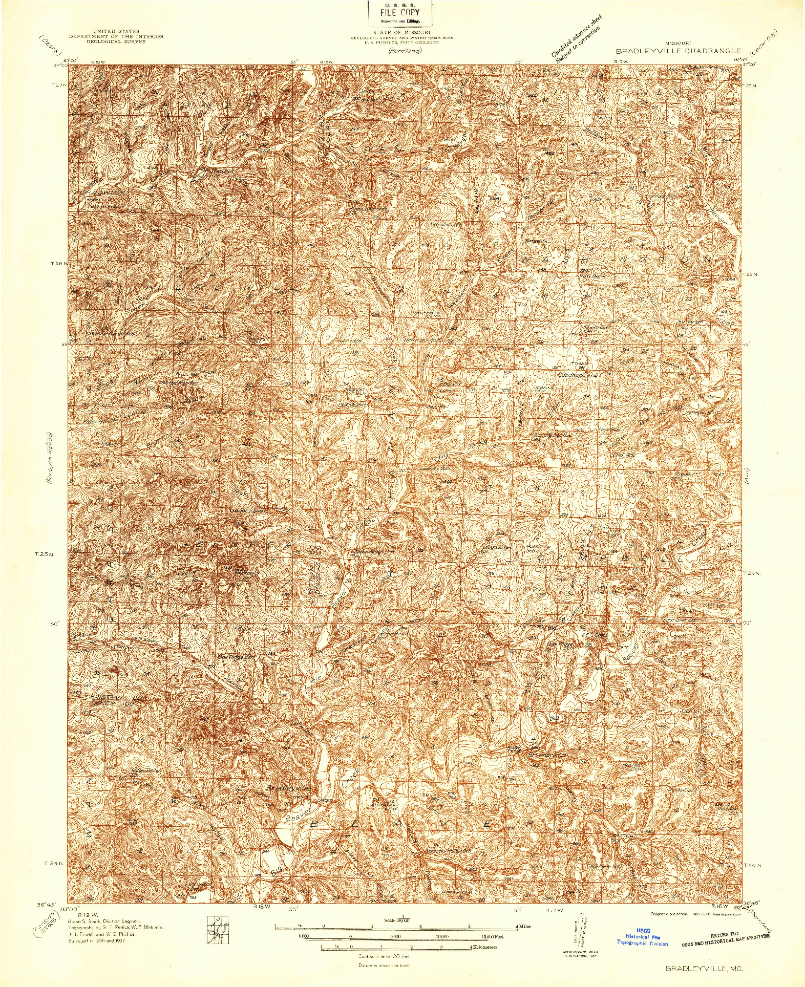 USGS 1:48000-SCALE QUADRANGLE FOR BRADLEYVILLE, MO 1937