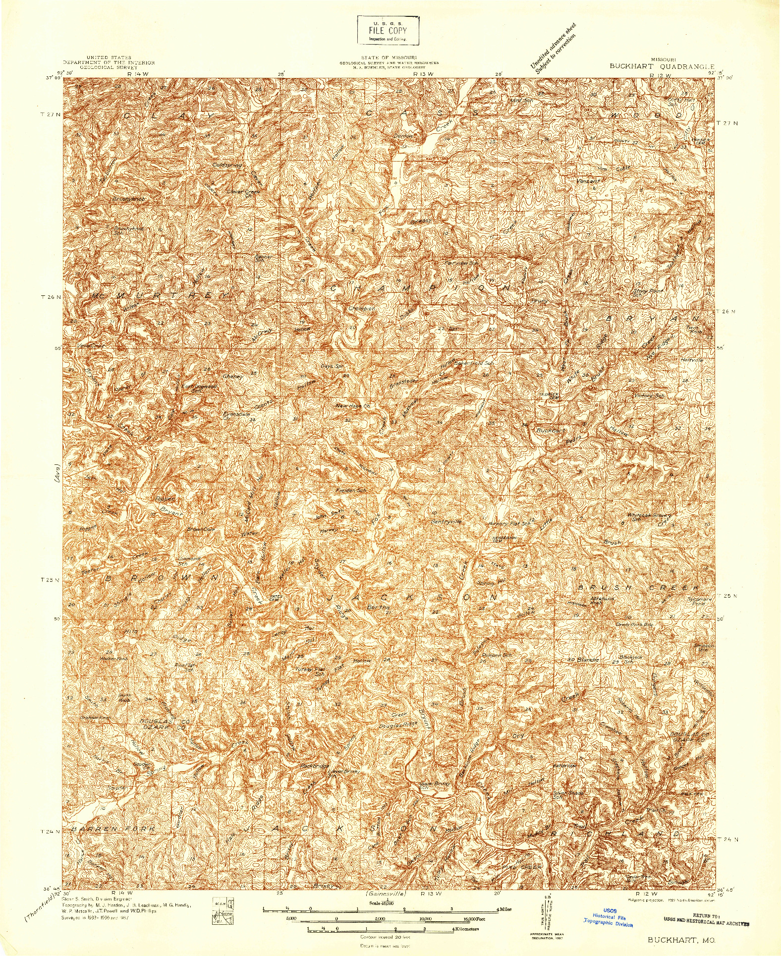 USGS 1:48000-SCALE QUADRANGLE FOR BUCKHART, MO 1937