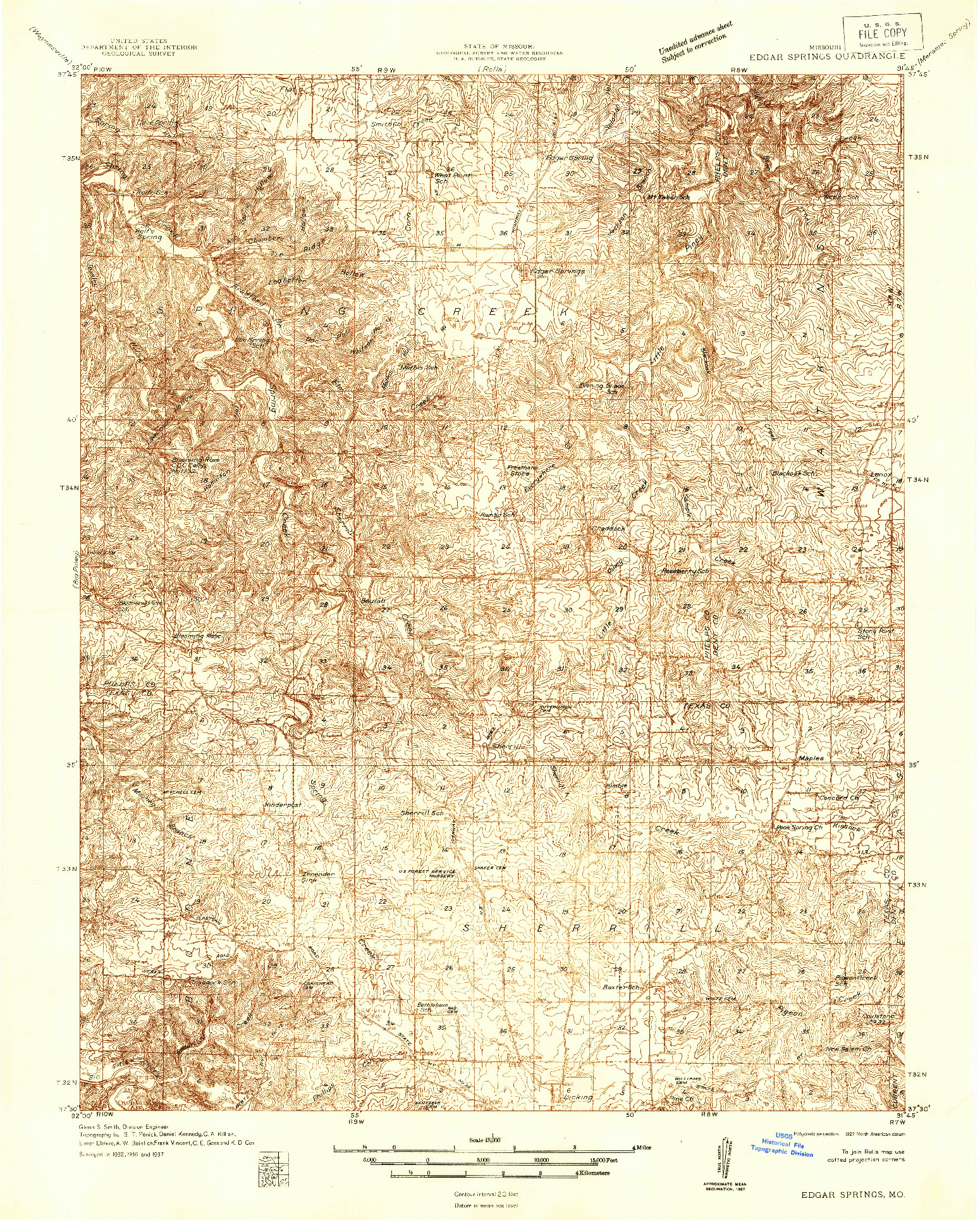 USGS 1:48000-SCALE QUADRANGLE FOR EDGAR SPRINGS, MO 1937