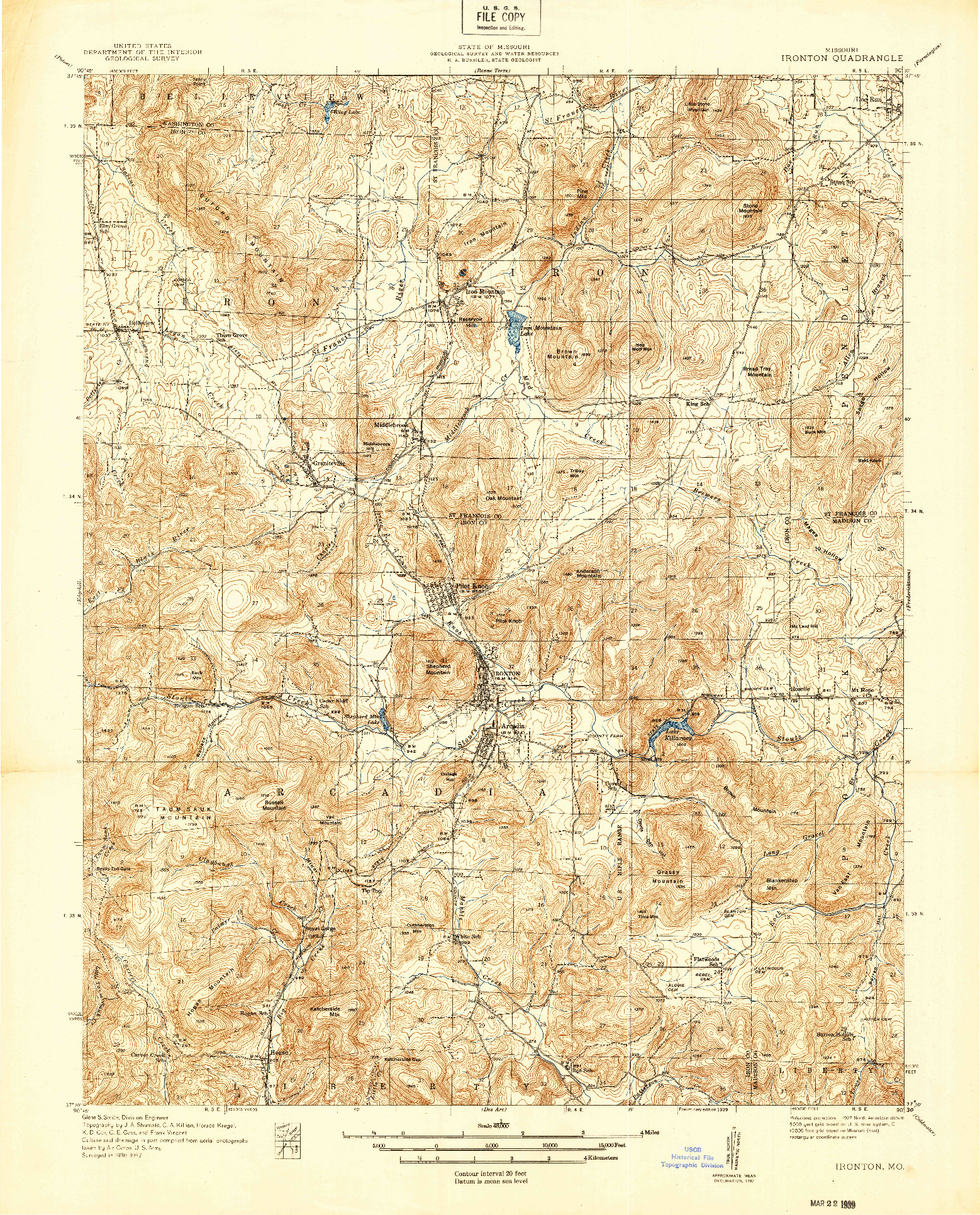 USGS 1:48000-SCALE QUADRANGLE FOR IRONTON, MO 1937