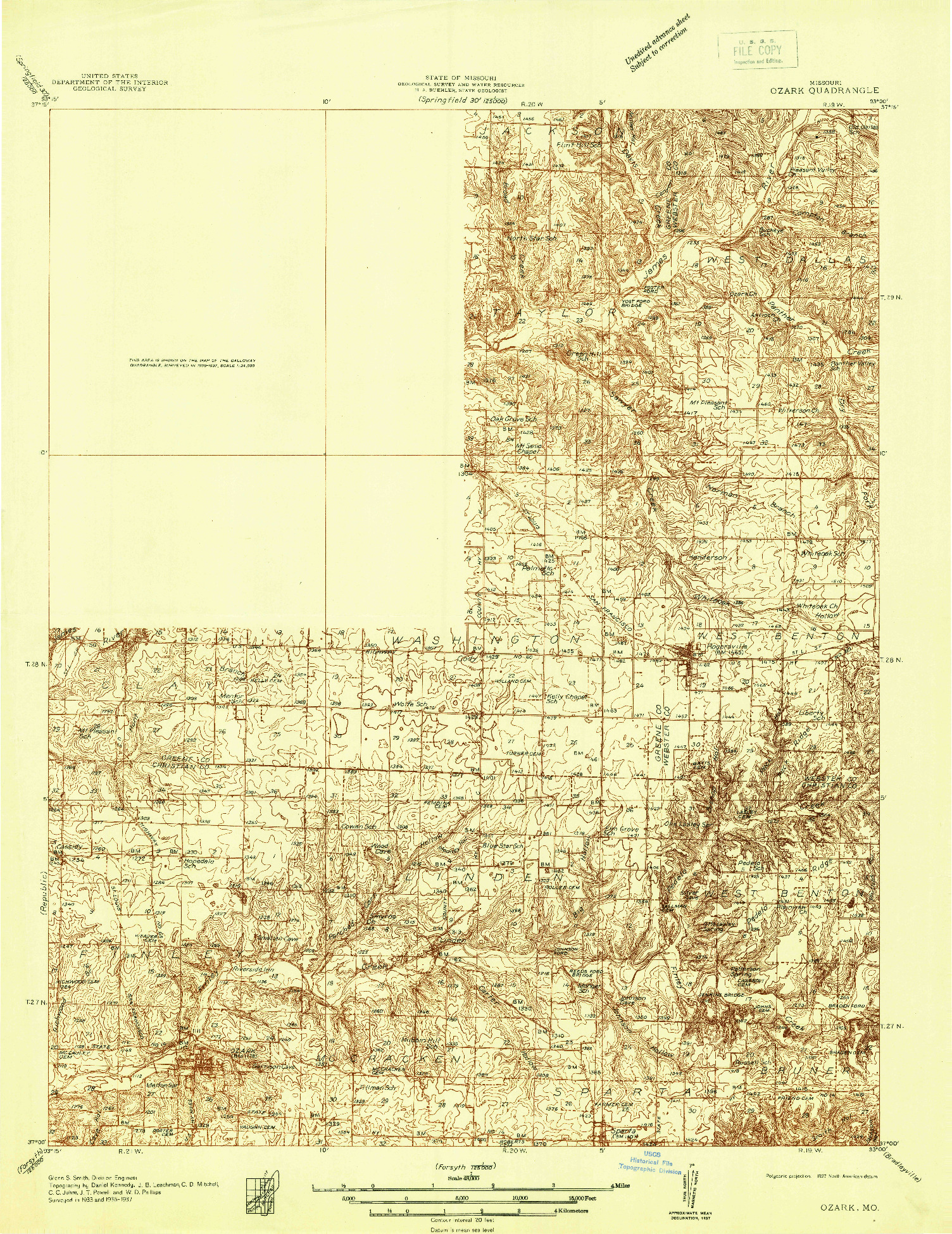 USGS 1:48000-SCALE QUADRANGLE FOR OZARK, MO 1937