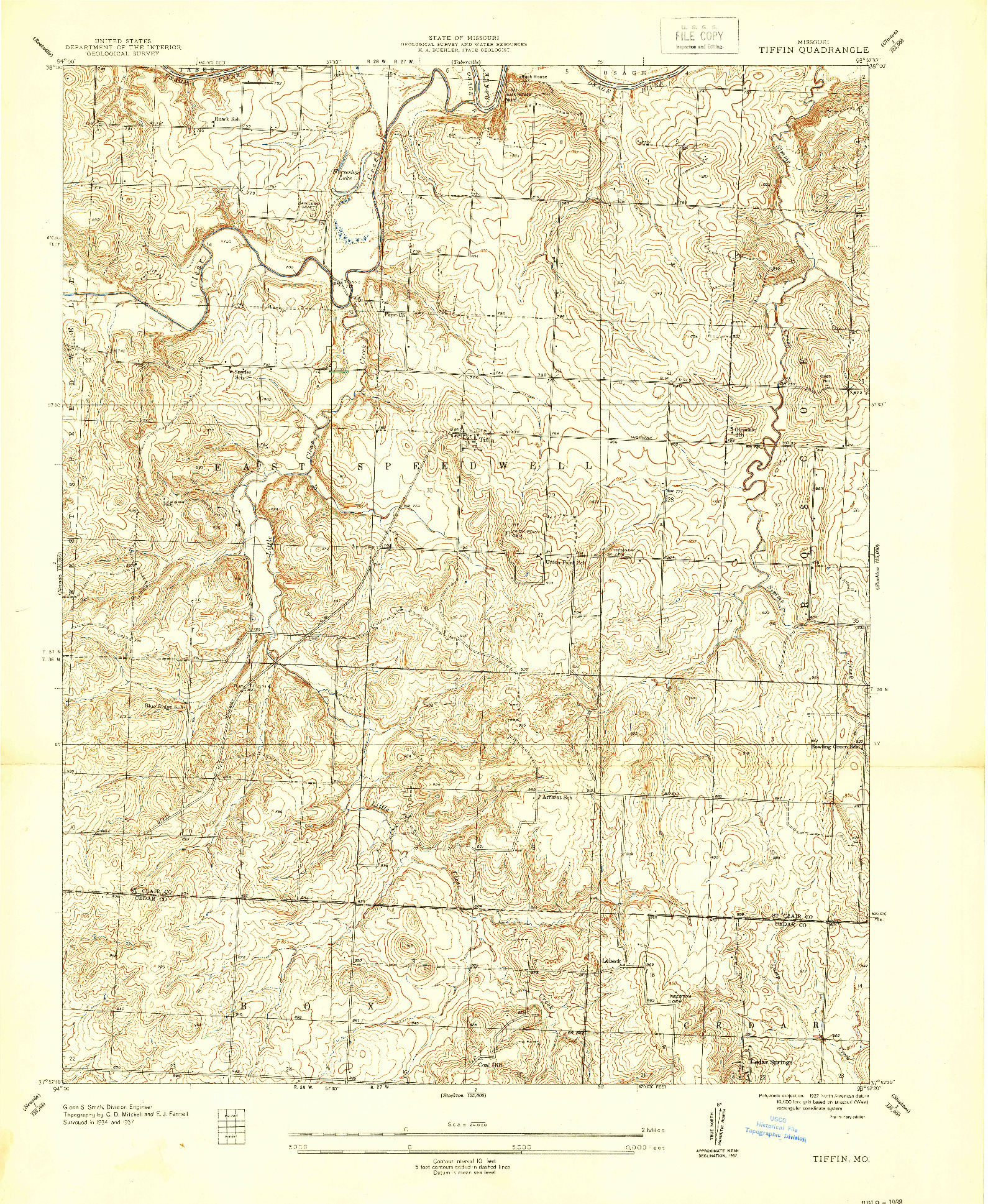 USGS 1:24000-SCALE QUADRANGLE FOR TIFFIN, MO 1937
