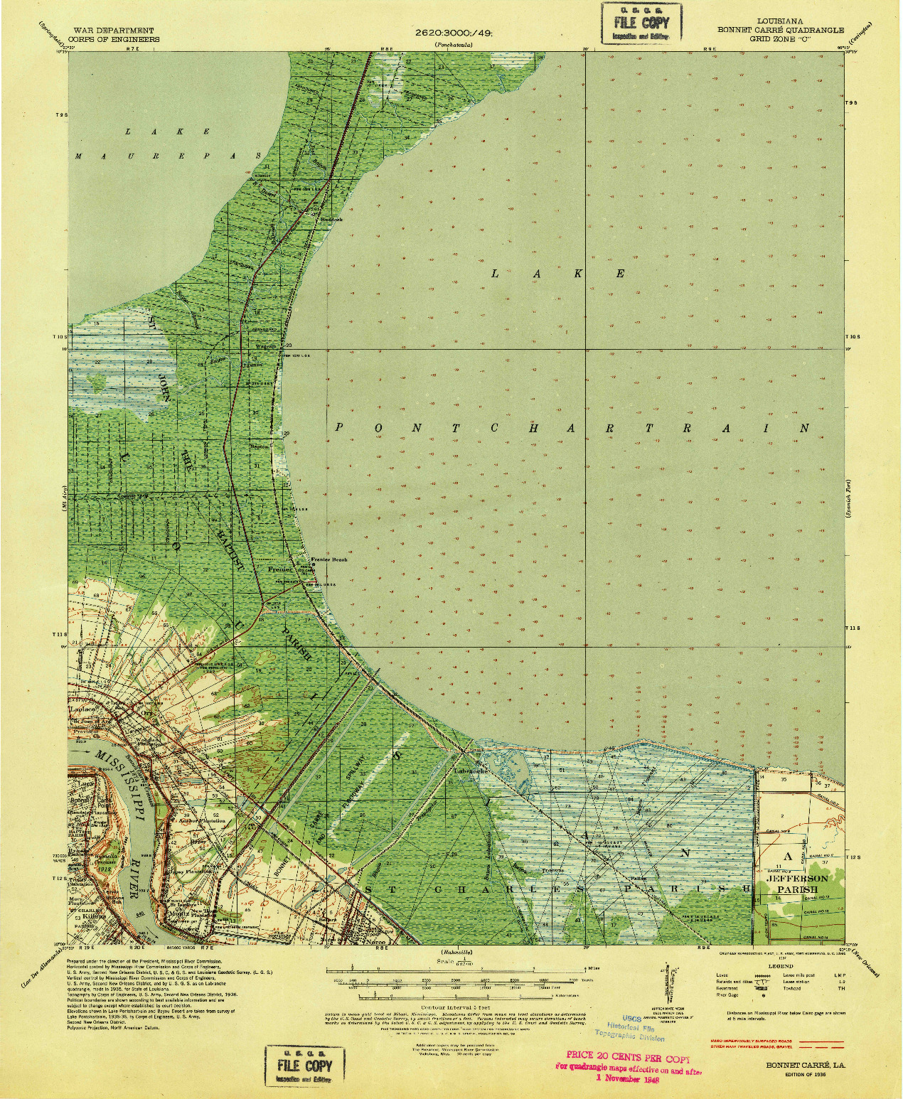 USGS 1:62500-SCALE QUADRANGLE FOR BONNET CARRE, LA 1936