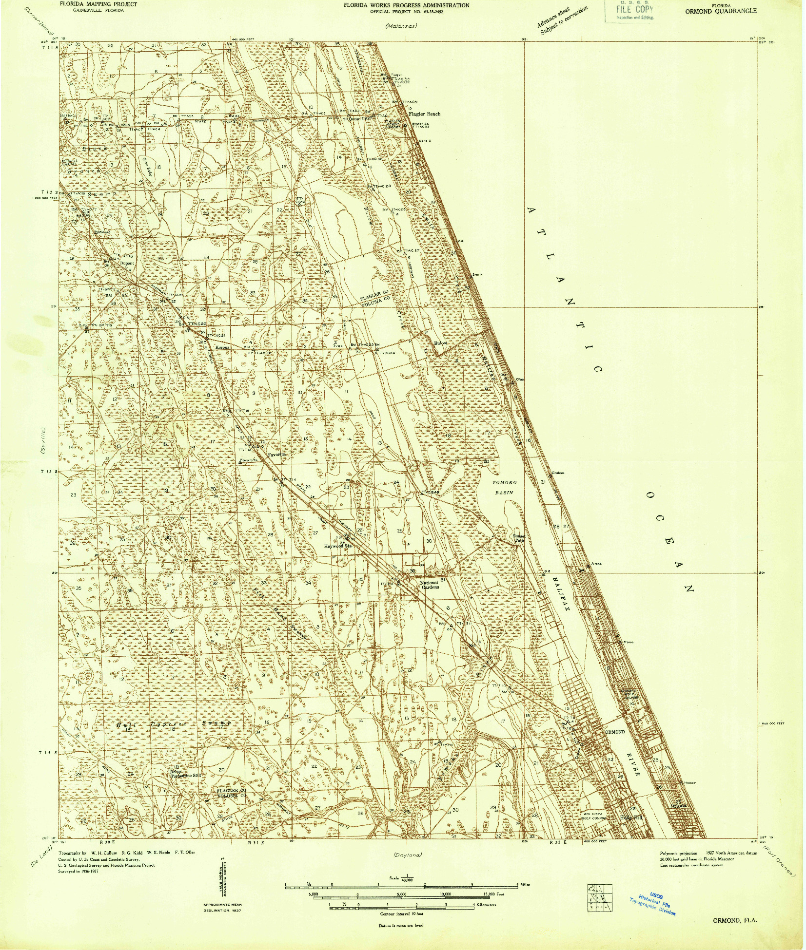 USGS 1:48000-SCALE QUADRANGLE FOR ORMOND, FL 1937