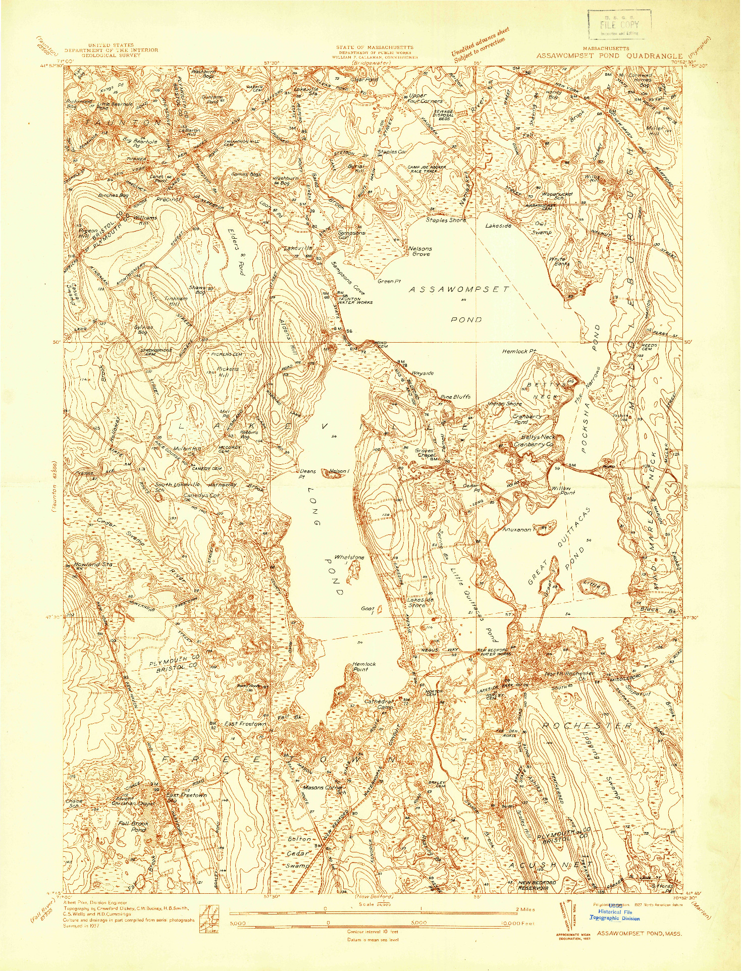 USGS 1:24000-SCALE QUADRANGLE FOR ASSAWOMPSET POND, MA 1937