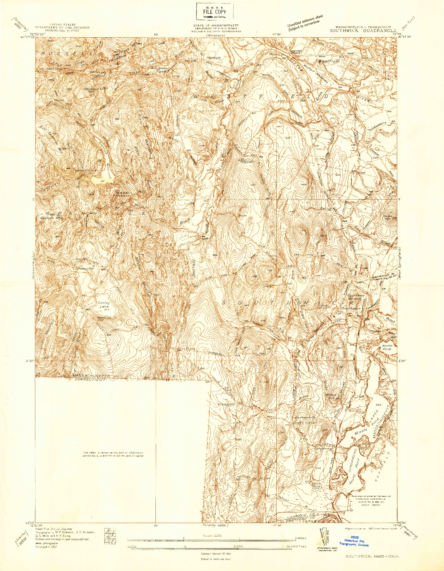 USGS 1:24000-SCALE QUADRANGLE FOR SOUTHWICK, MA 1937