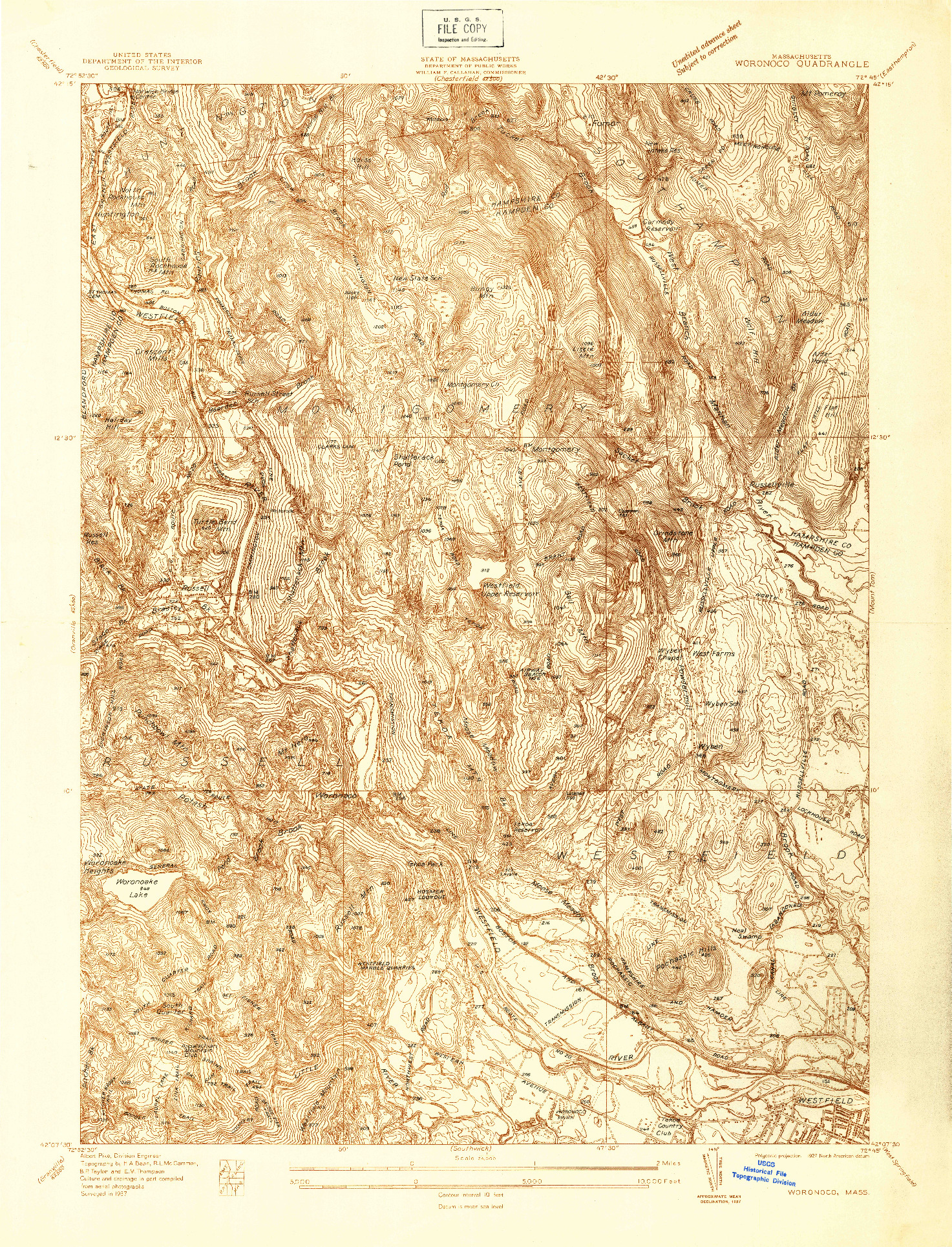 USGS 1:24000-SCALE QUADRANGLE FOR WORONOCO, MA 1937