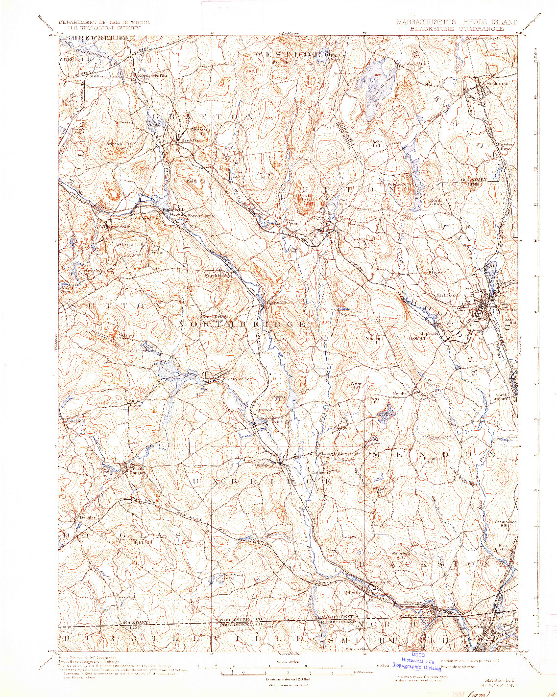 USGS 1:62500-SCALE QUADRANGLE FOR BLACKSTONE, MA 1900