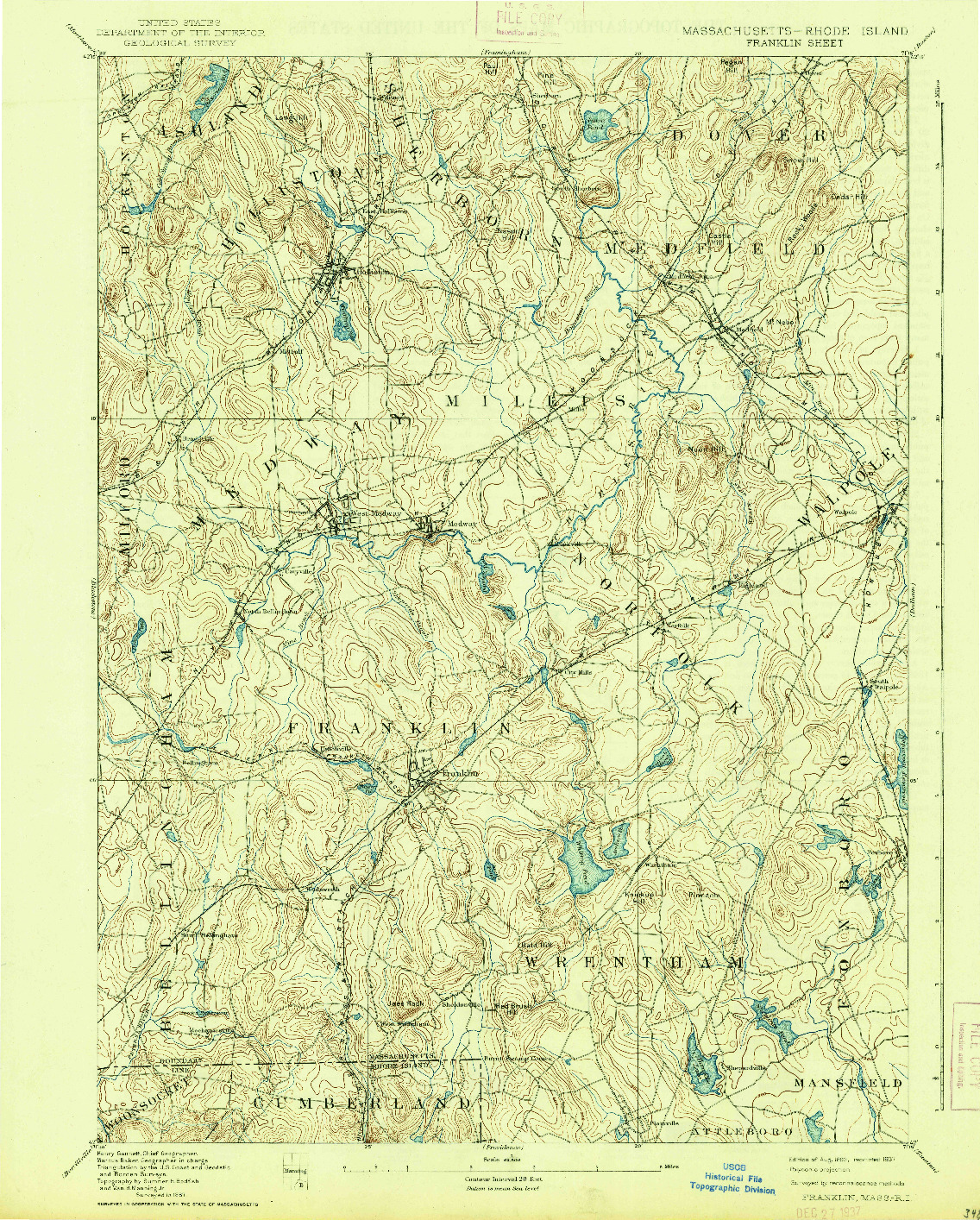 USGS 1:62500-SCALE QUADRANGLE FOR FRANKLIN, MA 1893