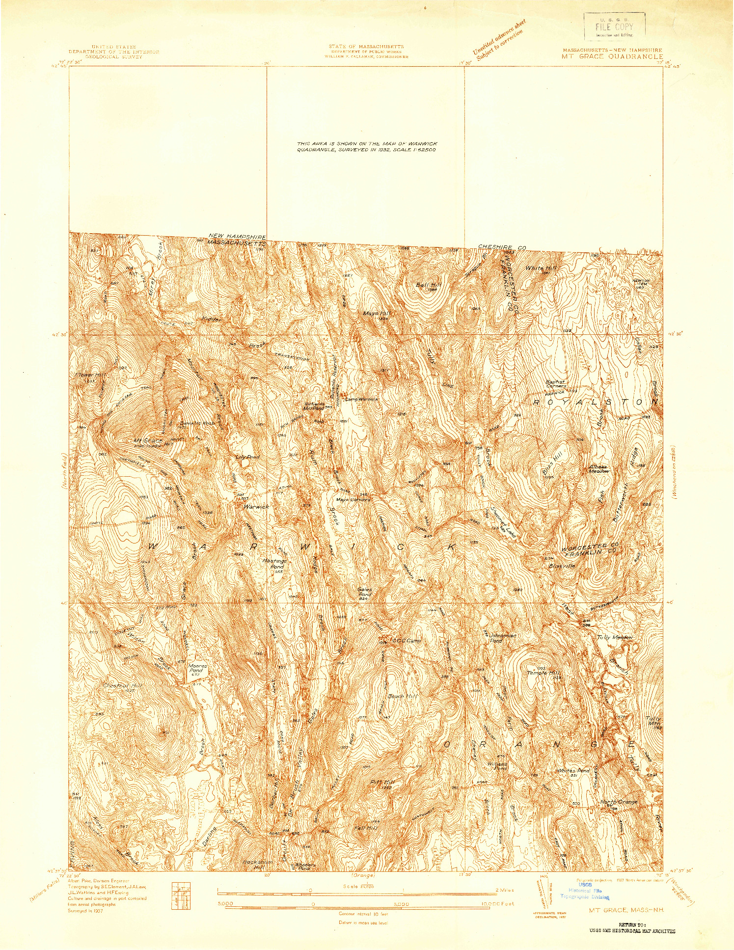 USGS 1:24000-SCALE QUADRANGLE FOR MT GRACE, MA 1937