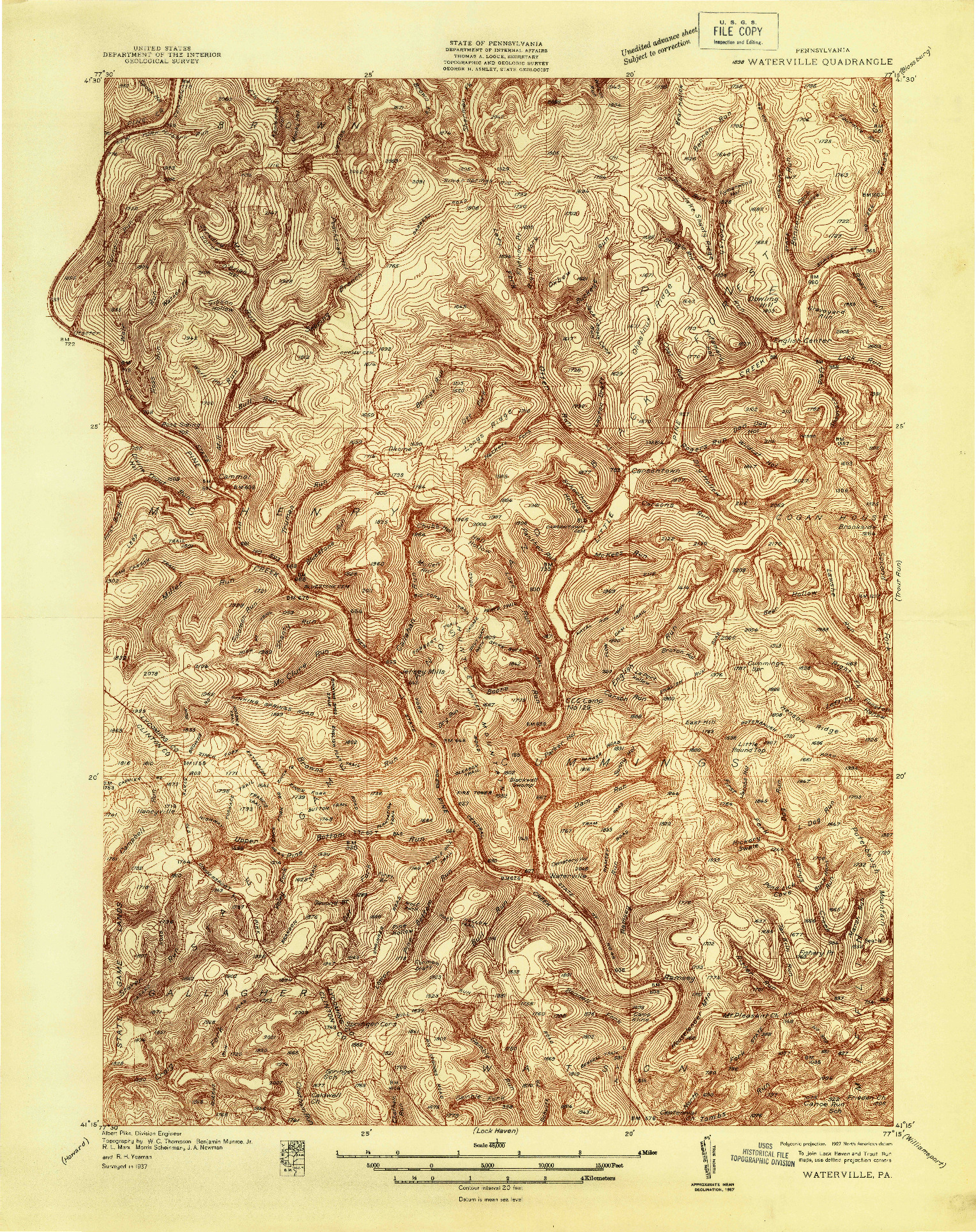 USGS 1:48000-SCALE QUADRANGLE FOR WATERVILLE, PA 1937