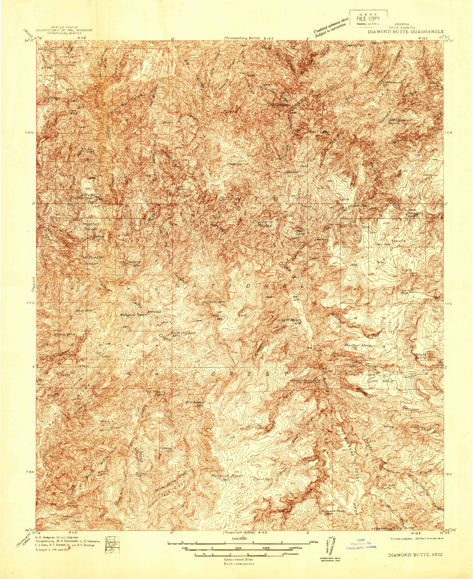 USGS 1:48000-SCALE QUADRANGLE FOR DIAMOND BUTTE, AZ 1937