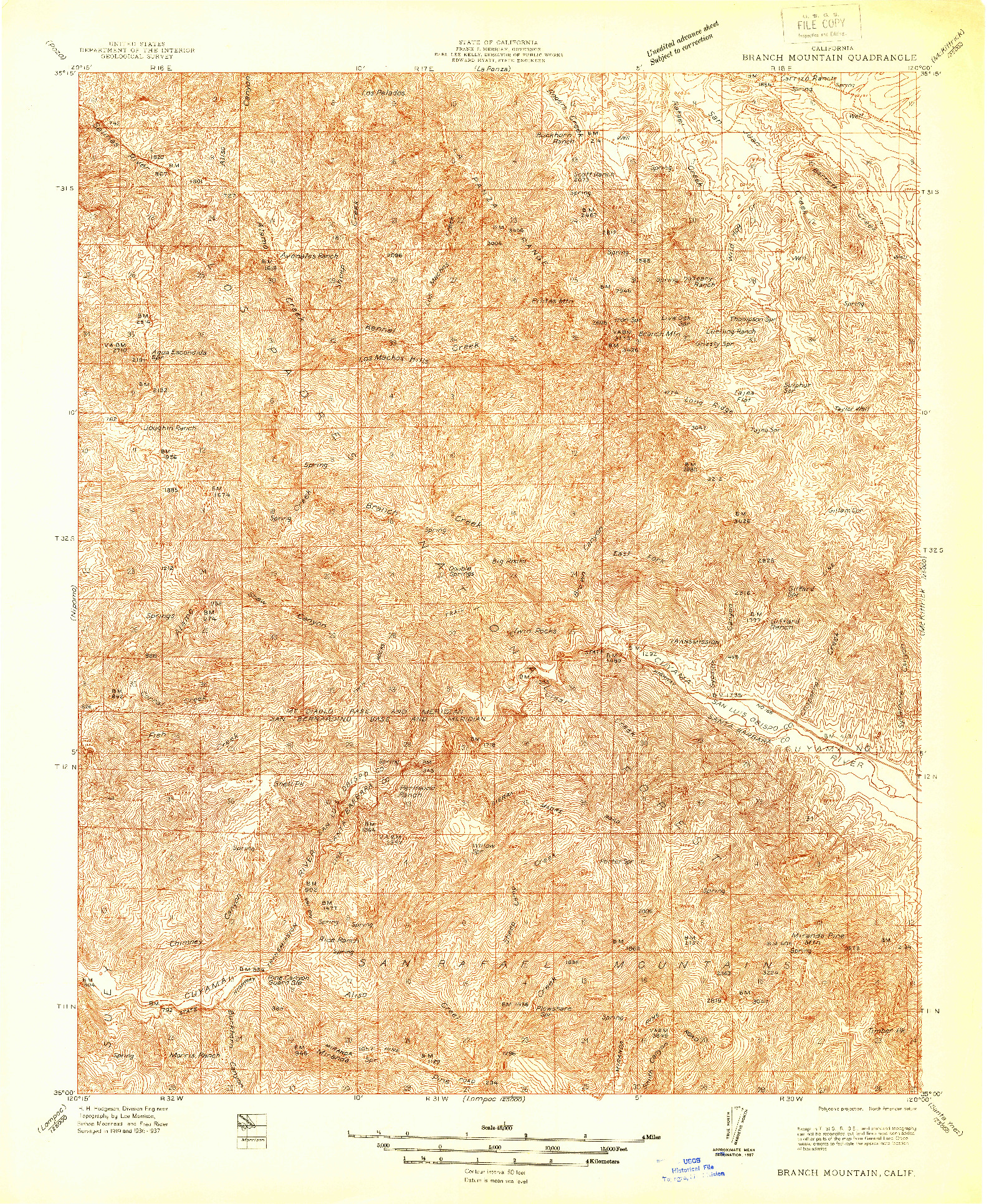 USGS 1:48000-SCALE QUADRANGLE FOR BRANCH MTN, CA 1937