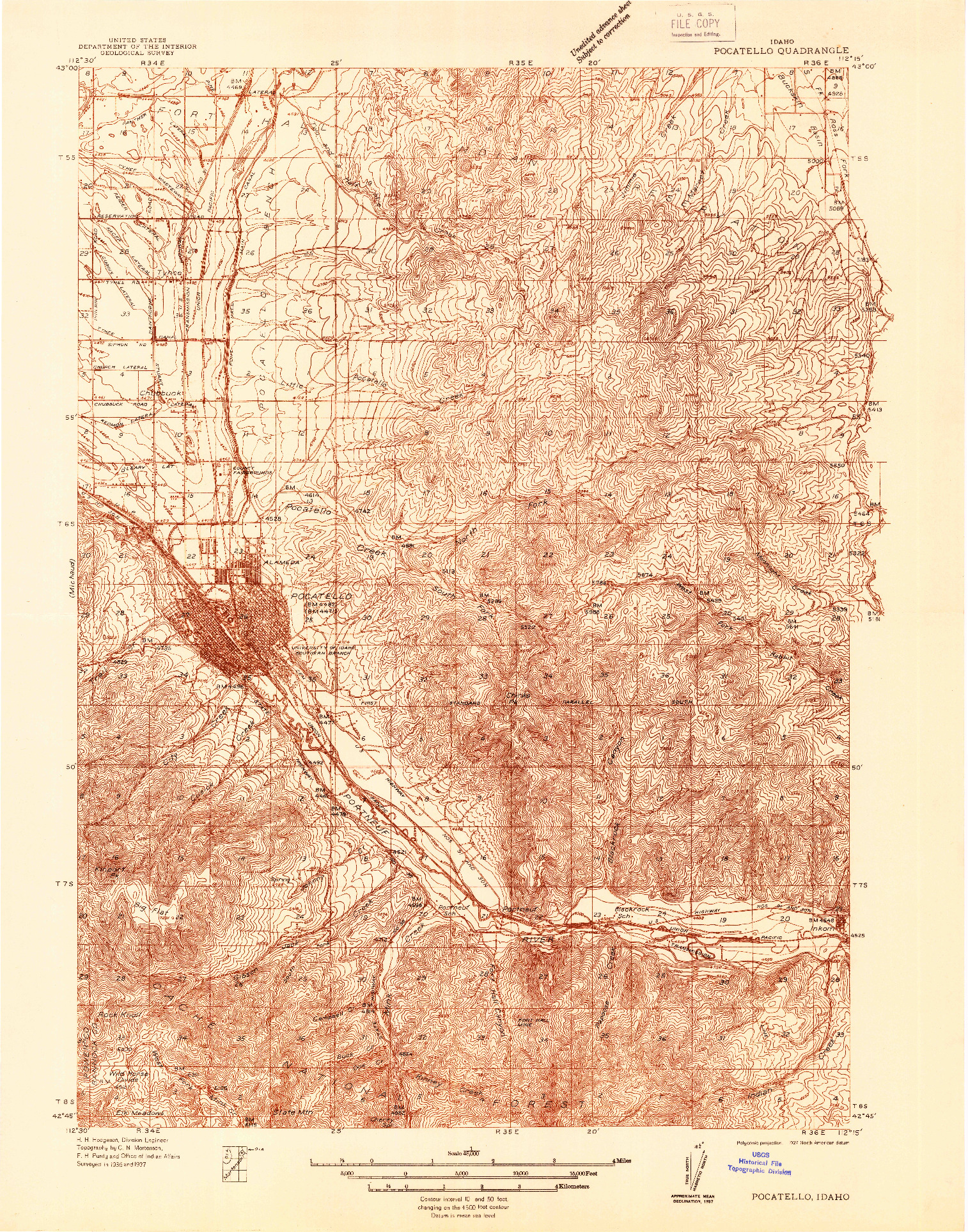 USGS 1:48000-SCALE QUADRANGLE FOR POCATELLO, ID 1937