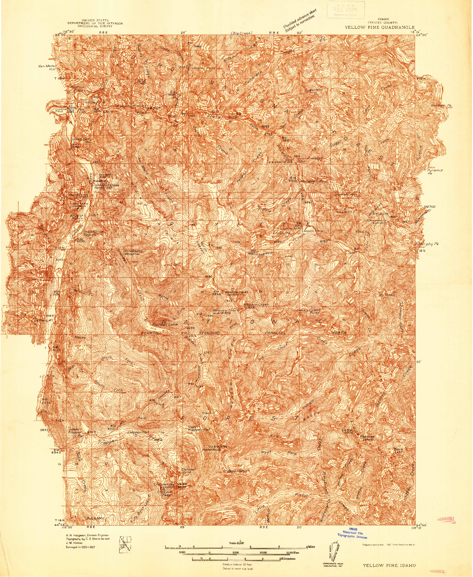 USGS 1:48000-SCALE QUADRANGLE FOR YELLOW PINE, ID 1937