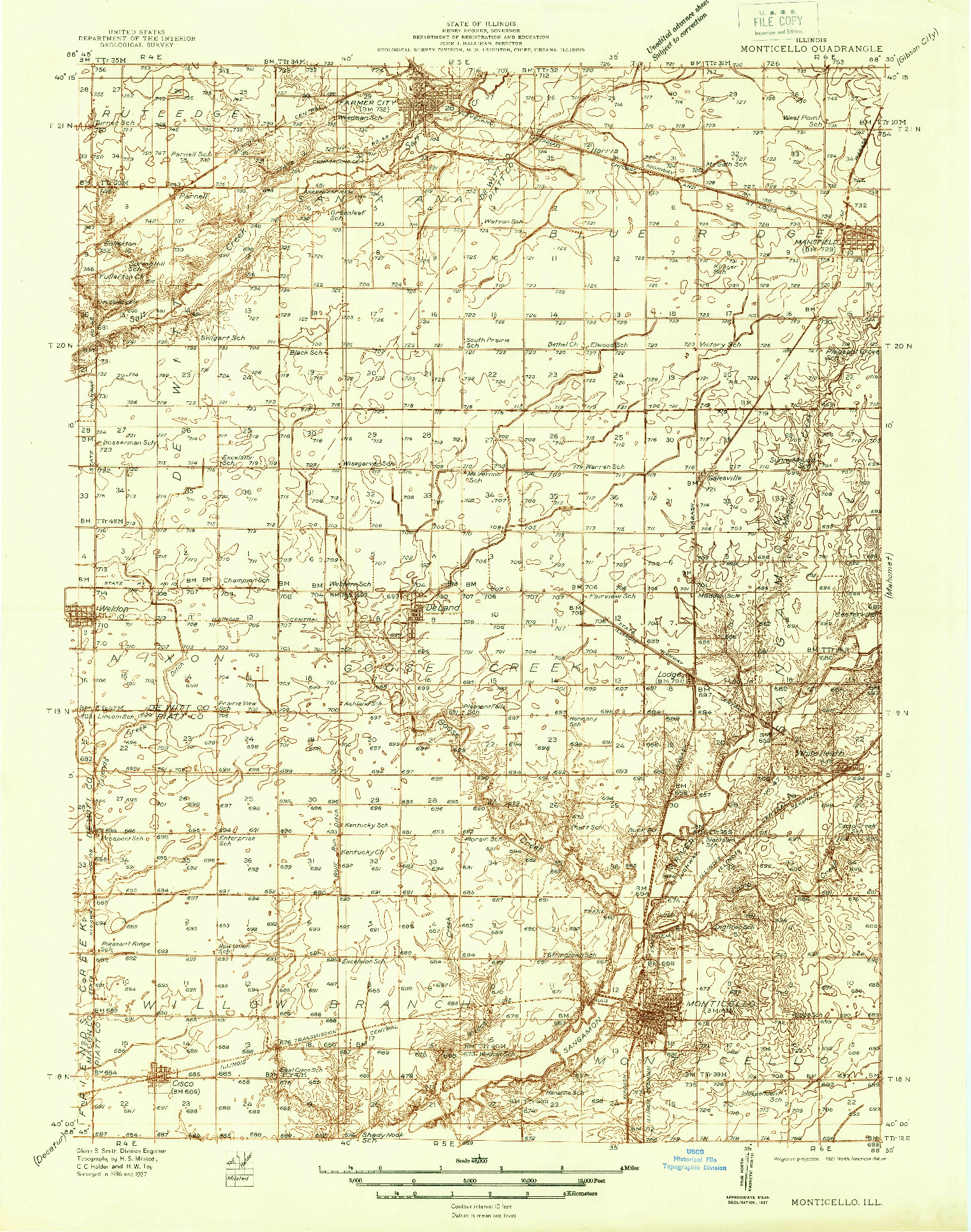 USGS 1:48000-SCALE QUADRANGLE FOR MONTICELLO, IL 1937