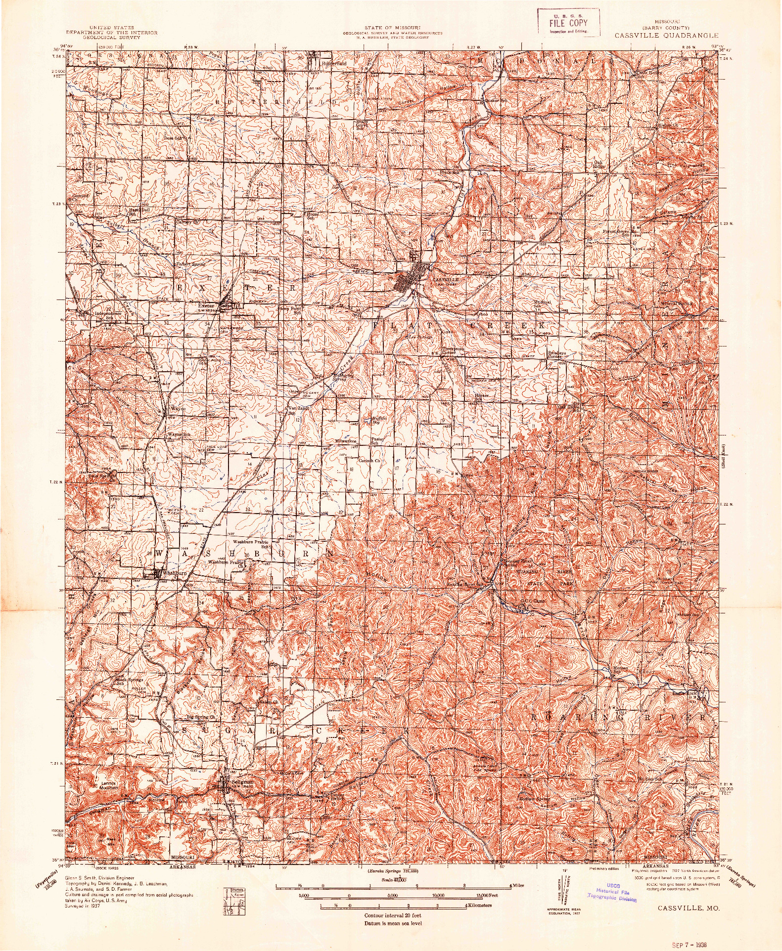 USGS 1:48000-SCALE QUADRANGLE FOR CASSVILLE, MO 1937