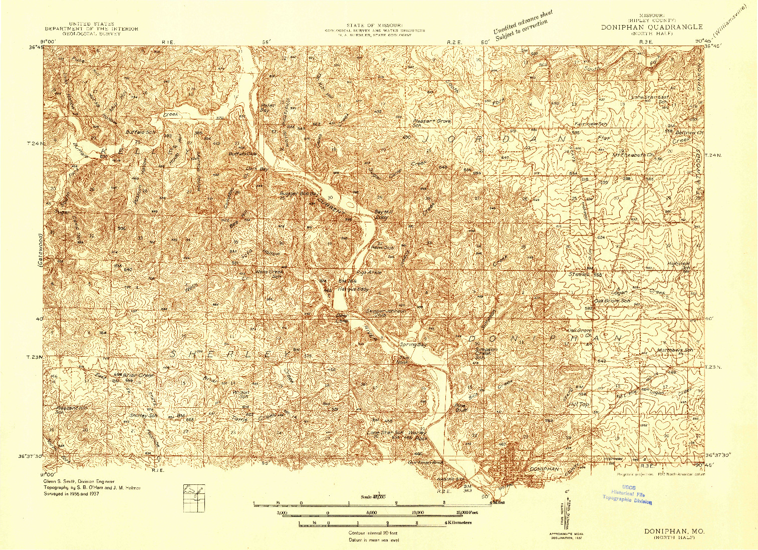 USGS 1:48000-SCALE QUADRANGLE FOR DONIPHAN, MO 1937