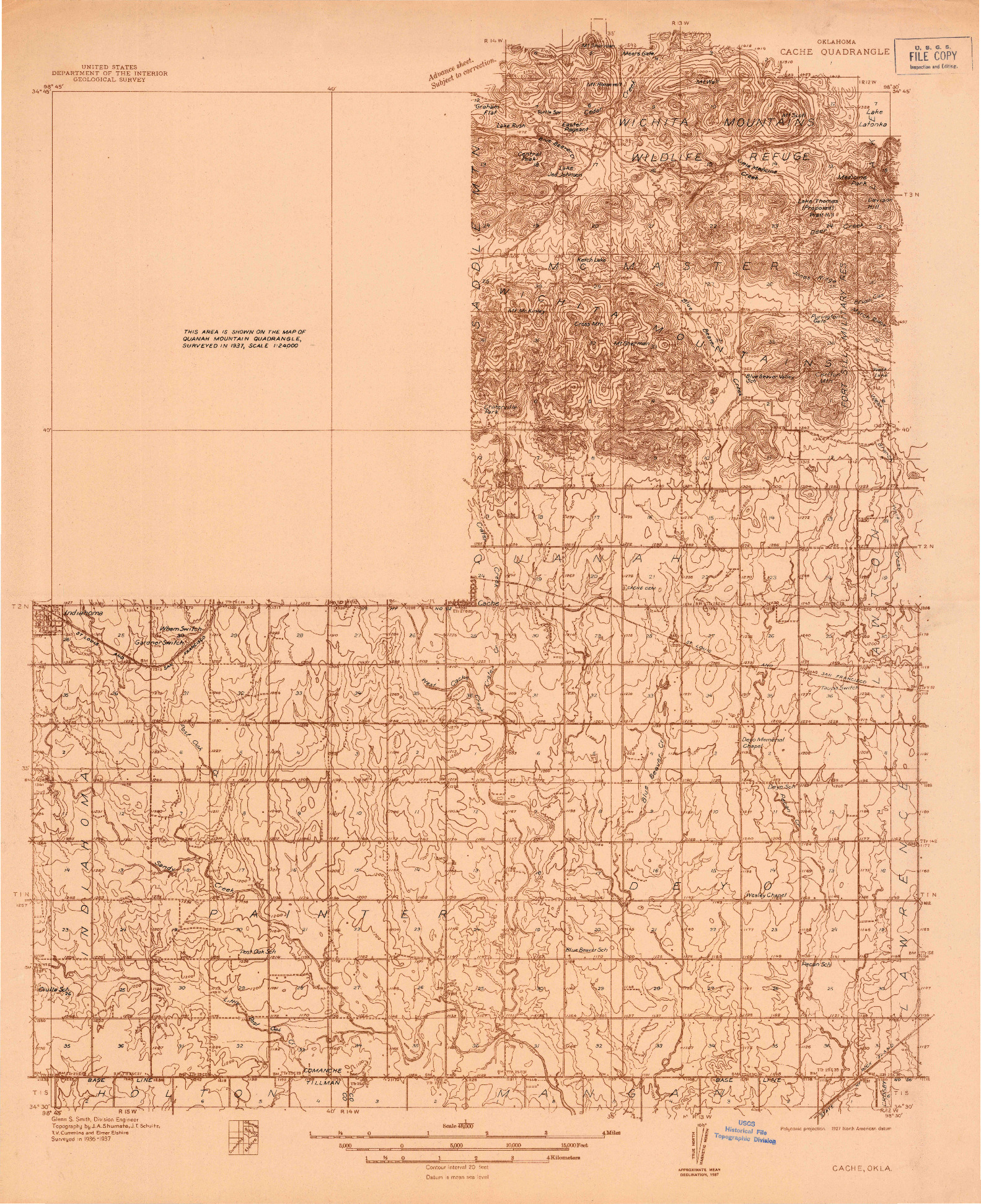 USGS 1:48000-SCALE QUADRANGLE FOR CACHE, OK 1937