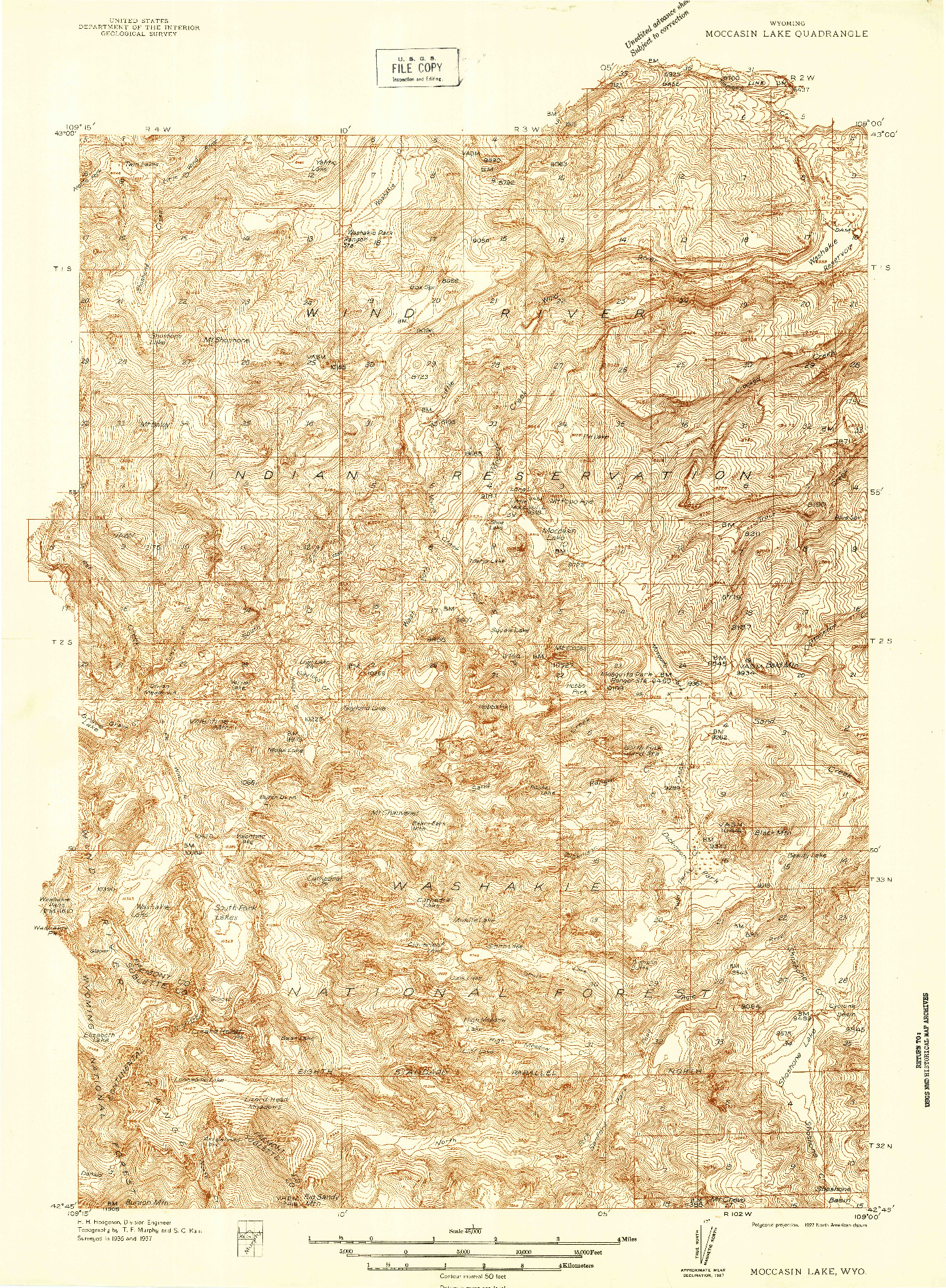 USGS 1:48000-SCALE QUADRANGLE FOR MOCCASIN LAKE, WY 1937