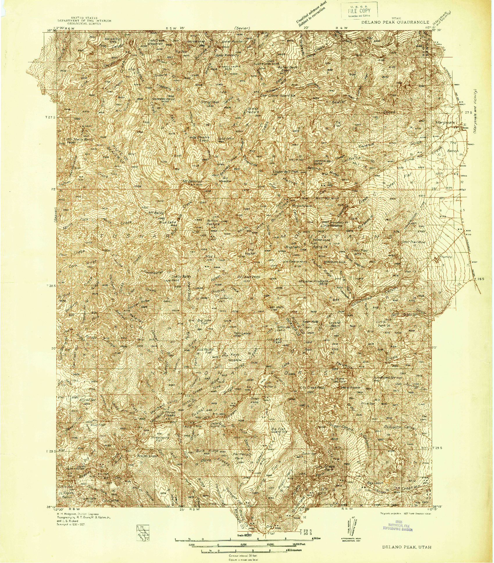USGS 1:48000-SCALE QUADRANGLE FOR DELANO PEAK, UT 1937