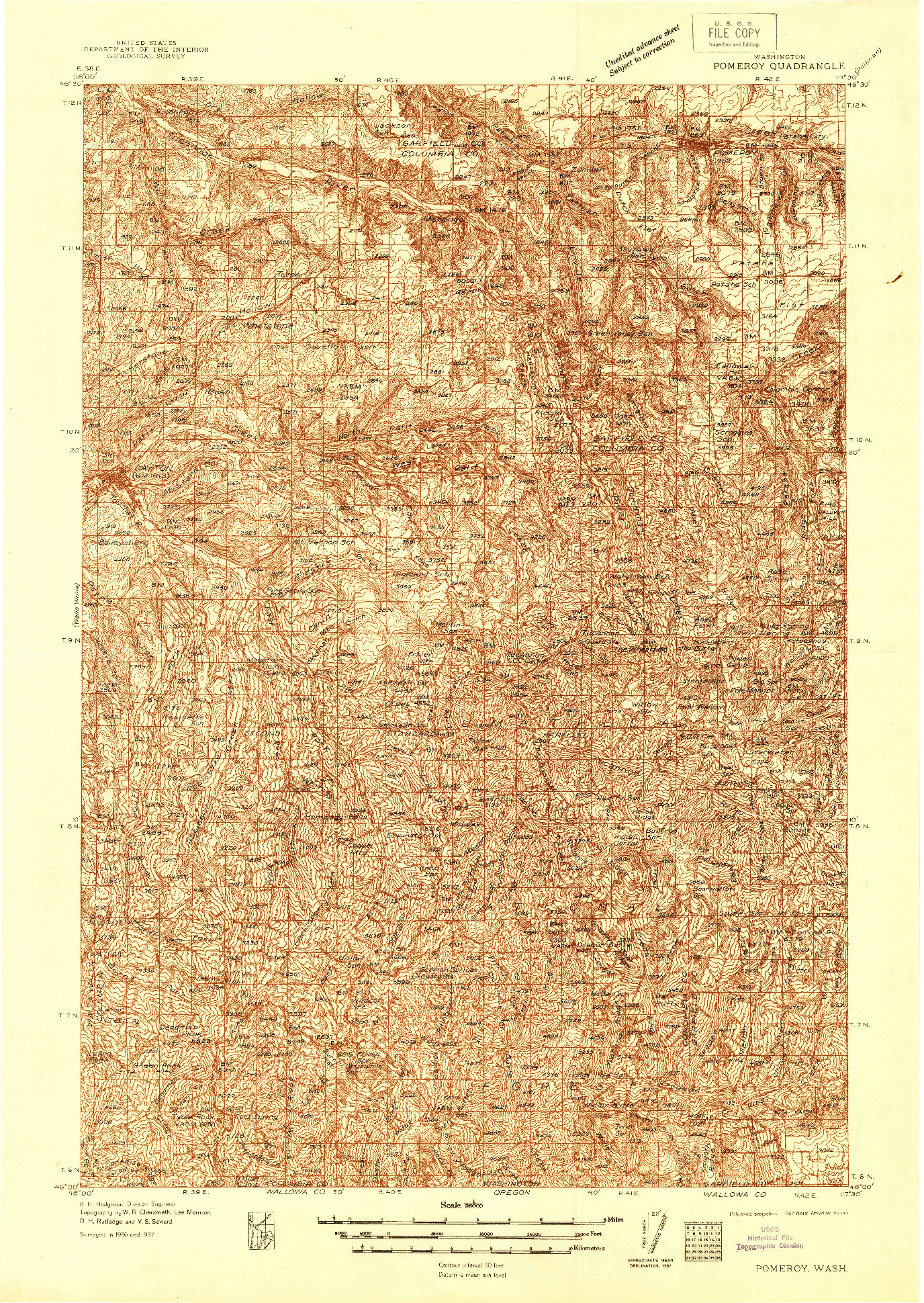 USGS 1:96000-SCALE QUADRANGLE FOR POMEROY, WA 1937