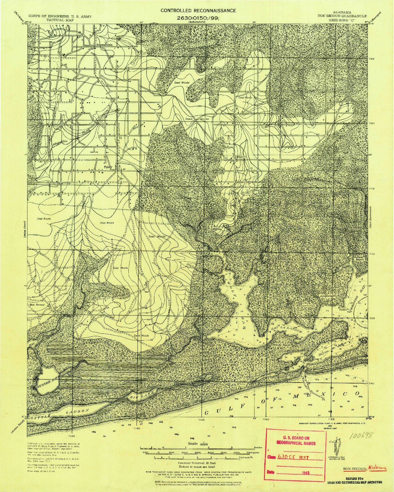 USGS 1:62500-SCALE QUADRANGLE FOR BON SECOUR, AL 1921