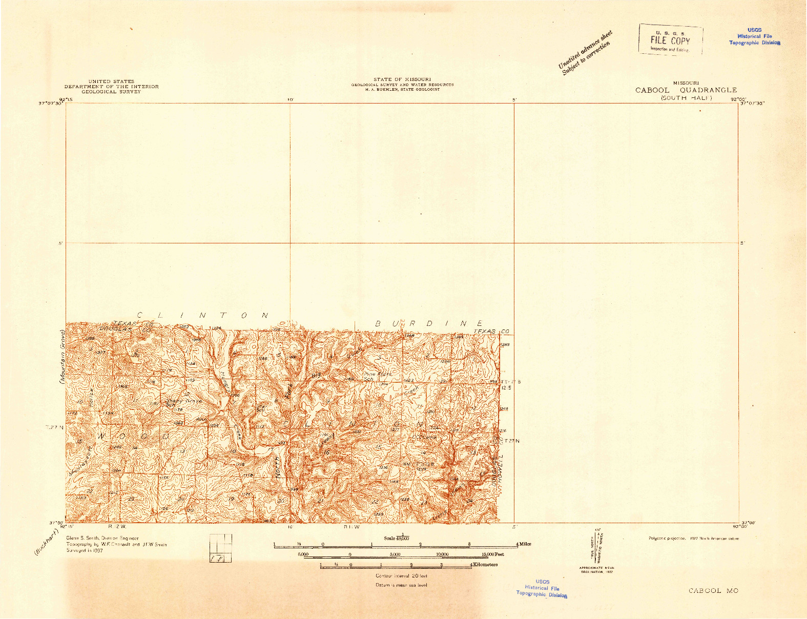 USGS 1:48000-SCALE QUADRANGLE FOR CABOOL, MO 1937
