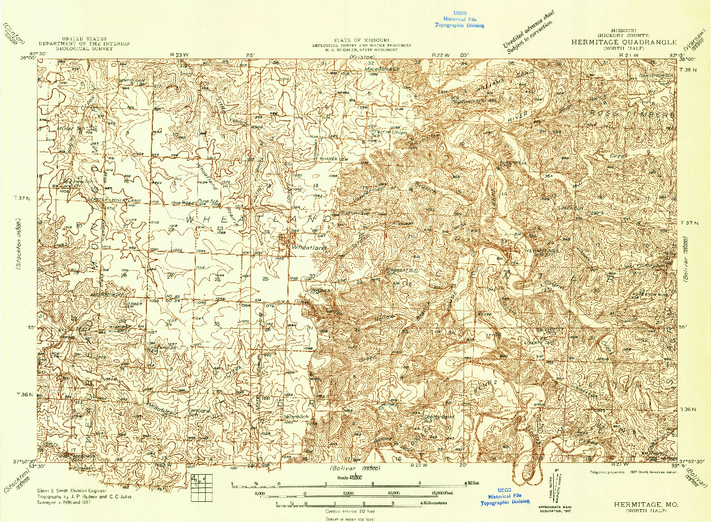 USGS 1:48000-SCALE QUADRANGLE FOR HERMITAGE, MO 1937