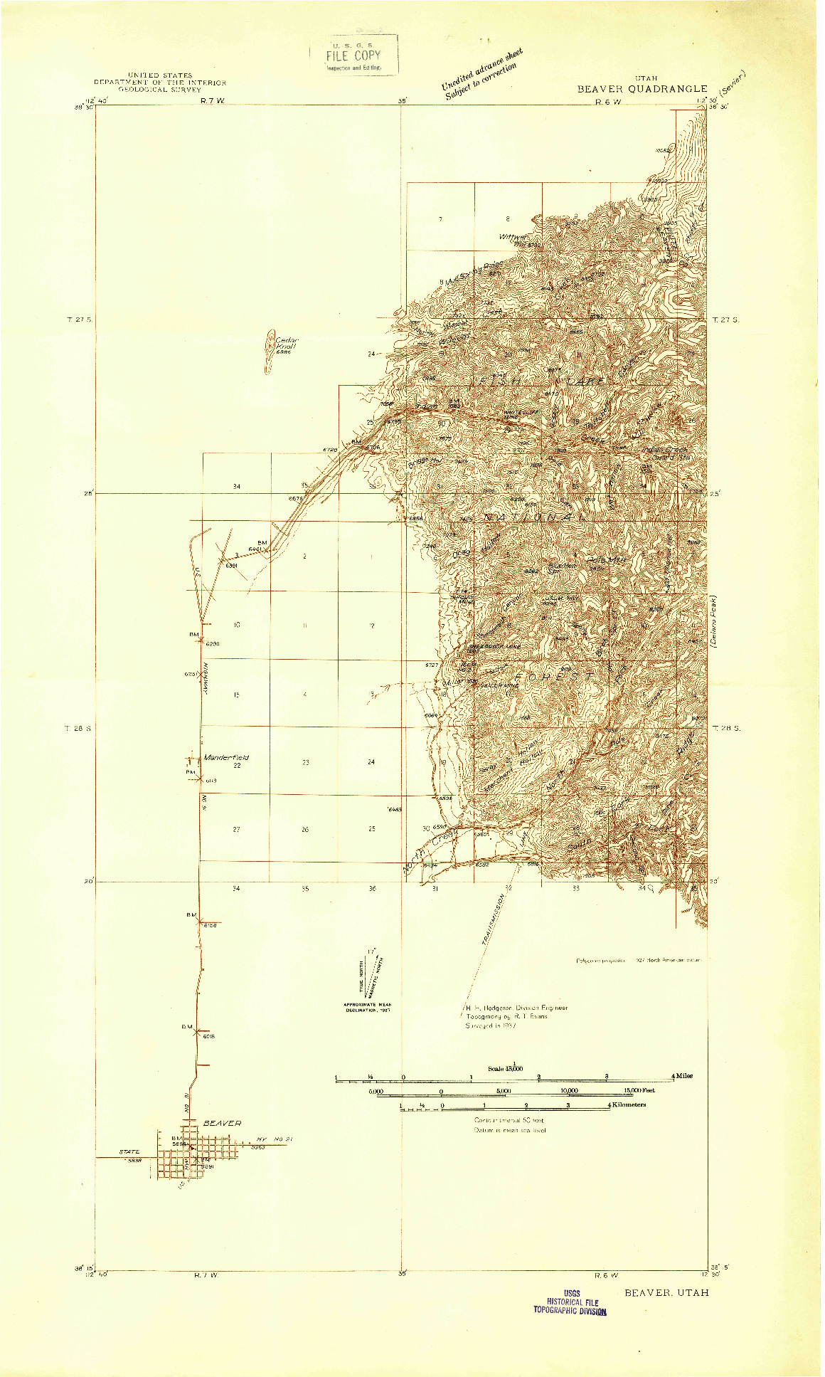 USGS 1:48000-SCALE QUADRANGLE FOR BEAVER, UT 1937