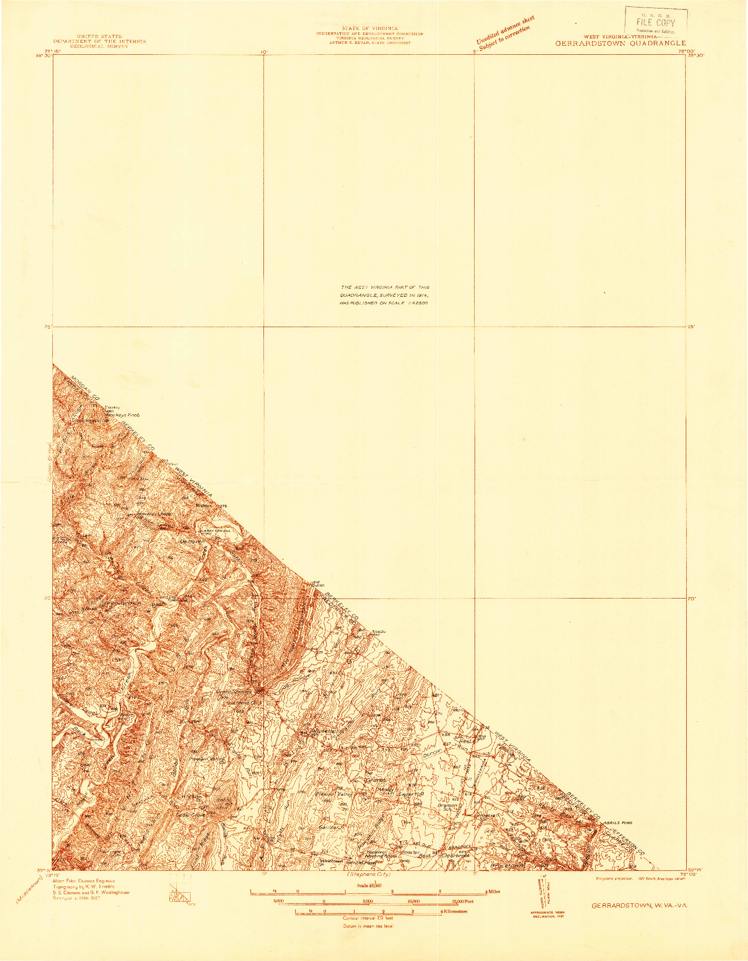 USGS 1:48000-SCALE QUADRANGLE FOR GERRARDSTOWN, WV 1937