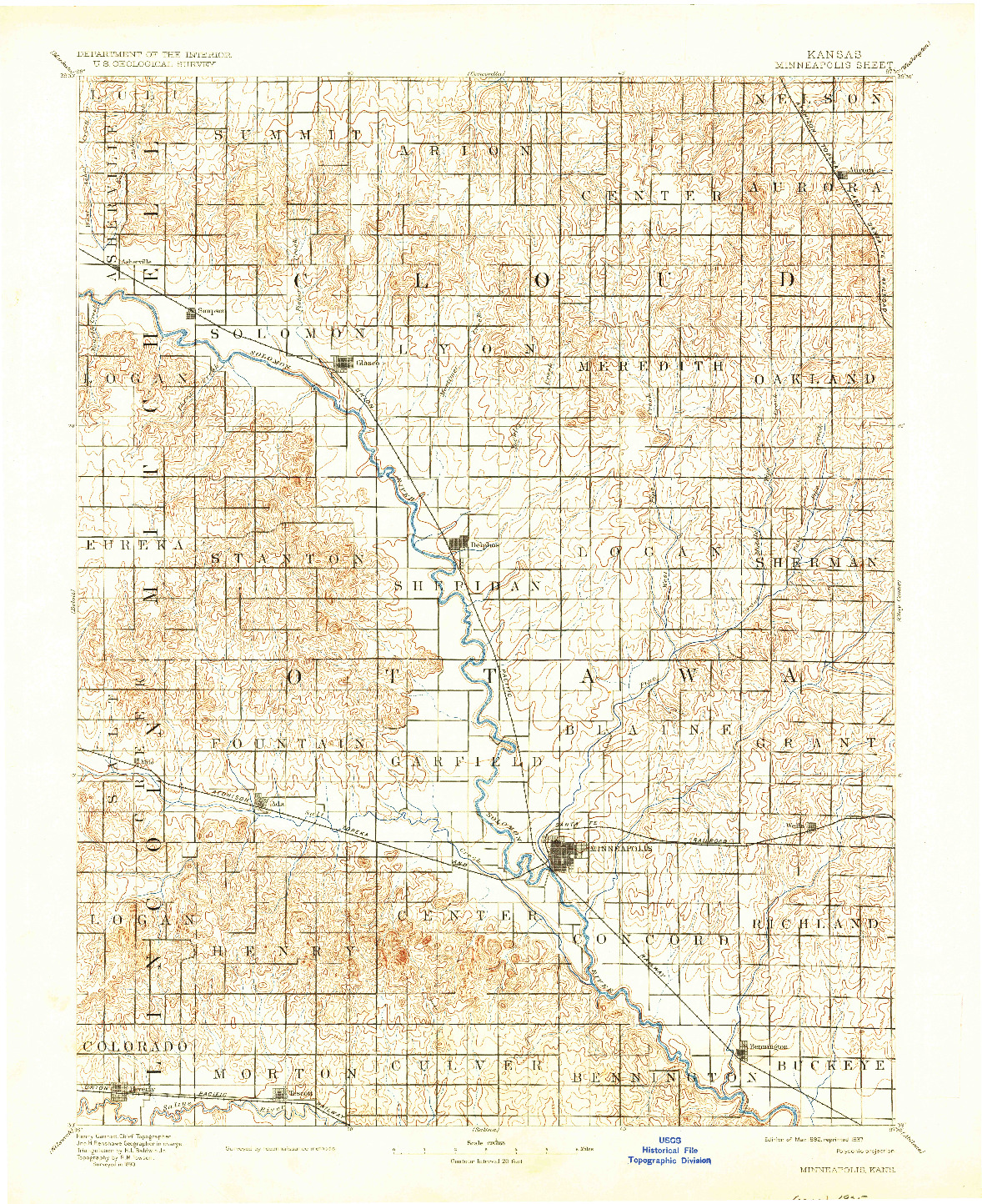 USGS 1:125000-SCALE QUADRANGLE FOR MINNEAPOLIS, KS 1892