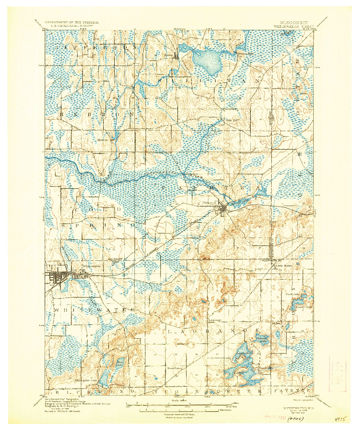 USGS 1:62500-SCALE QUADRANGLE FOR WHITEWATER, WI 1924