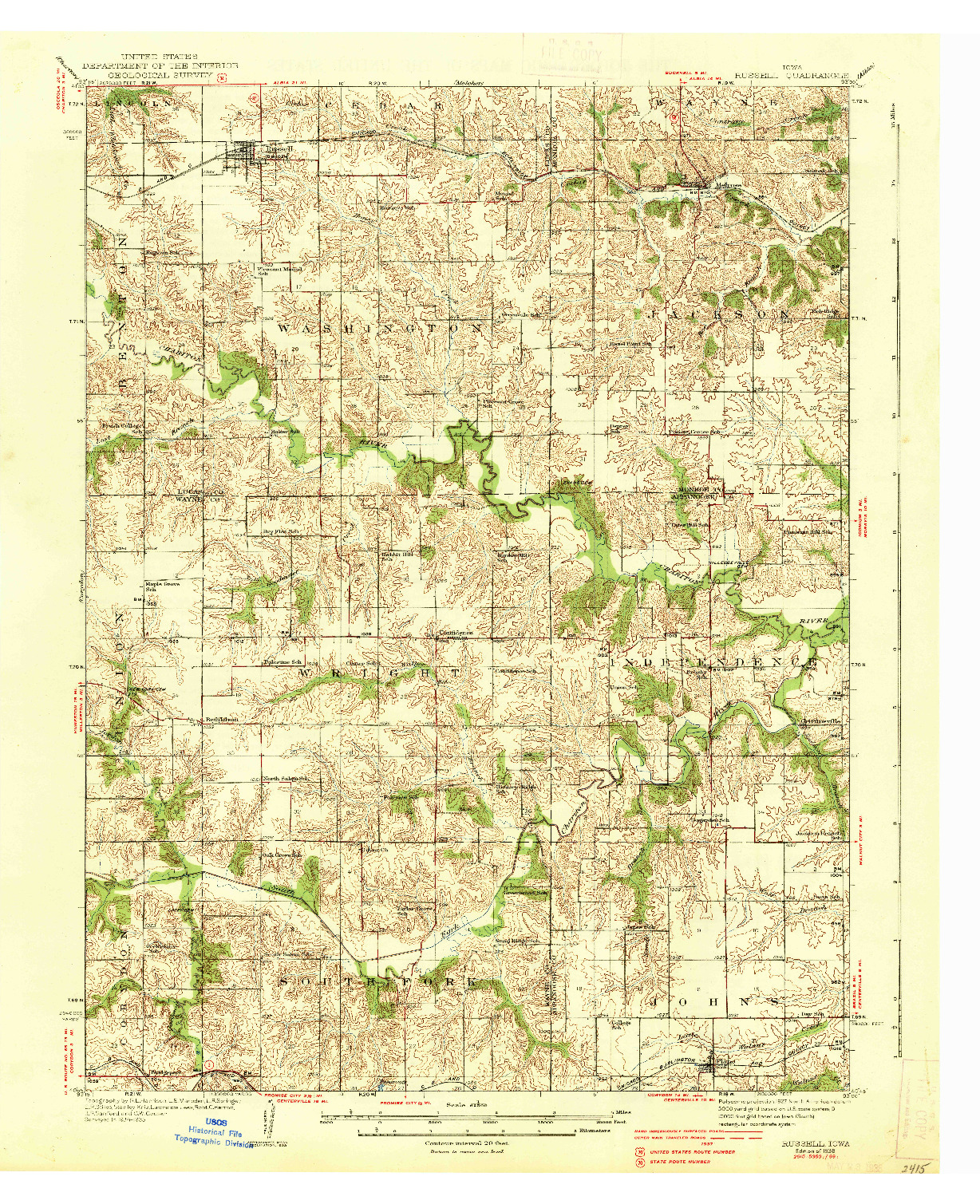 USGS 1:62500-SCALE QUADRANGLE FOR RUSSELL, IA 1938