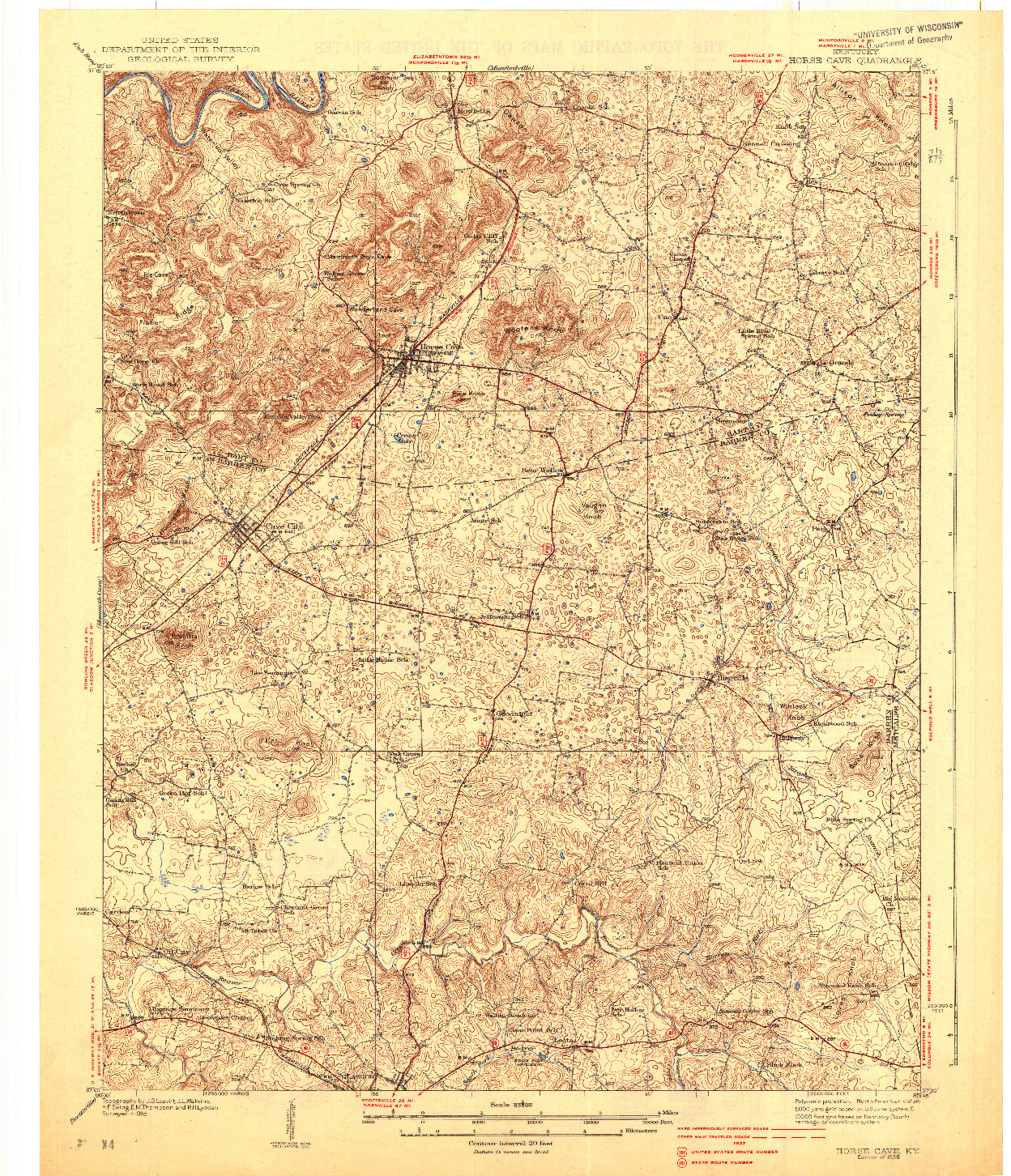 USGS 1:62500-SCALE QUADRANGLE FOR HORSE CAVE, KY 1938