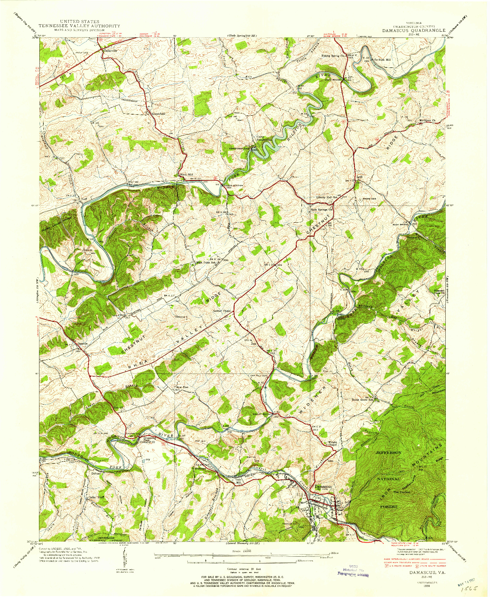 USGS 1:24000-SCALE QUADRANGLE FOR DAMASCUS, VA 1938