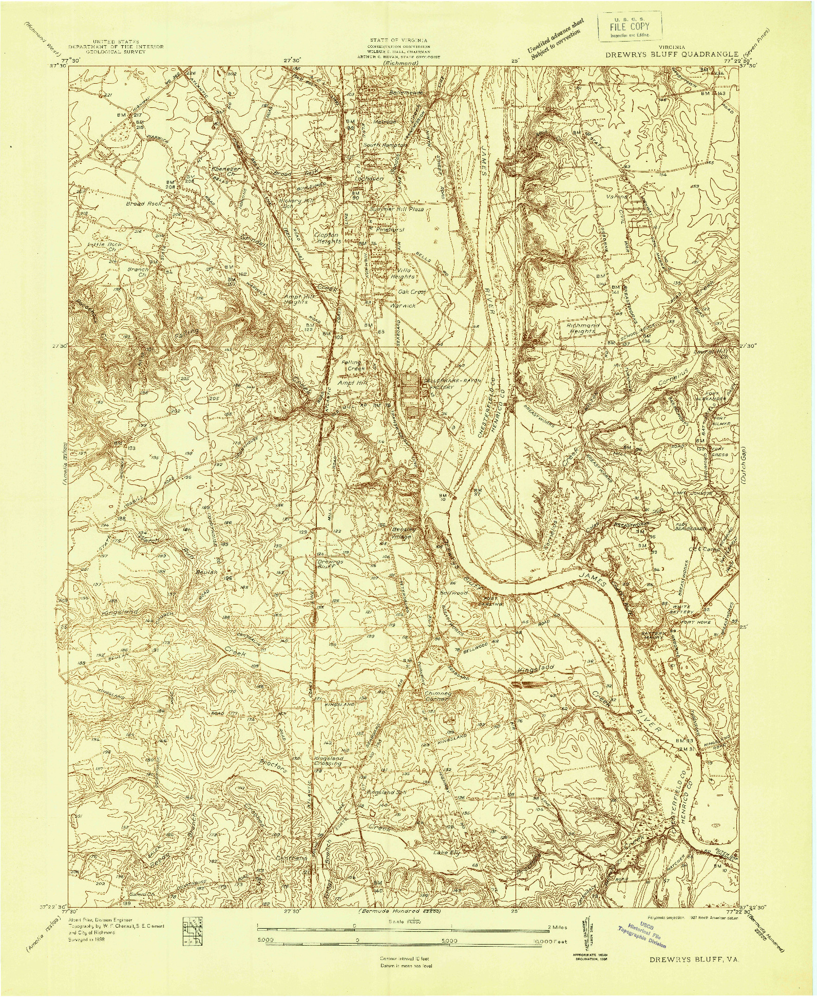 USGS 1:24000-SCALE QUADRANGLE FOR DREWRYS BLUFF, VA 1938