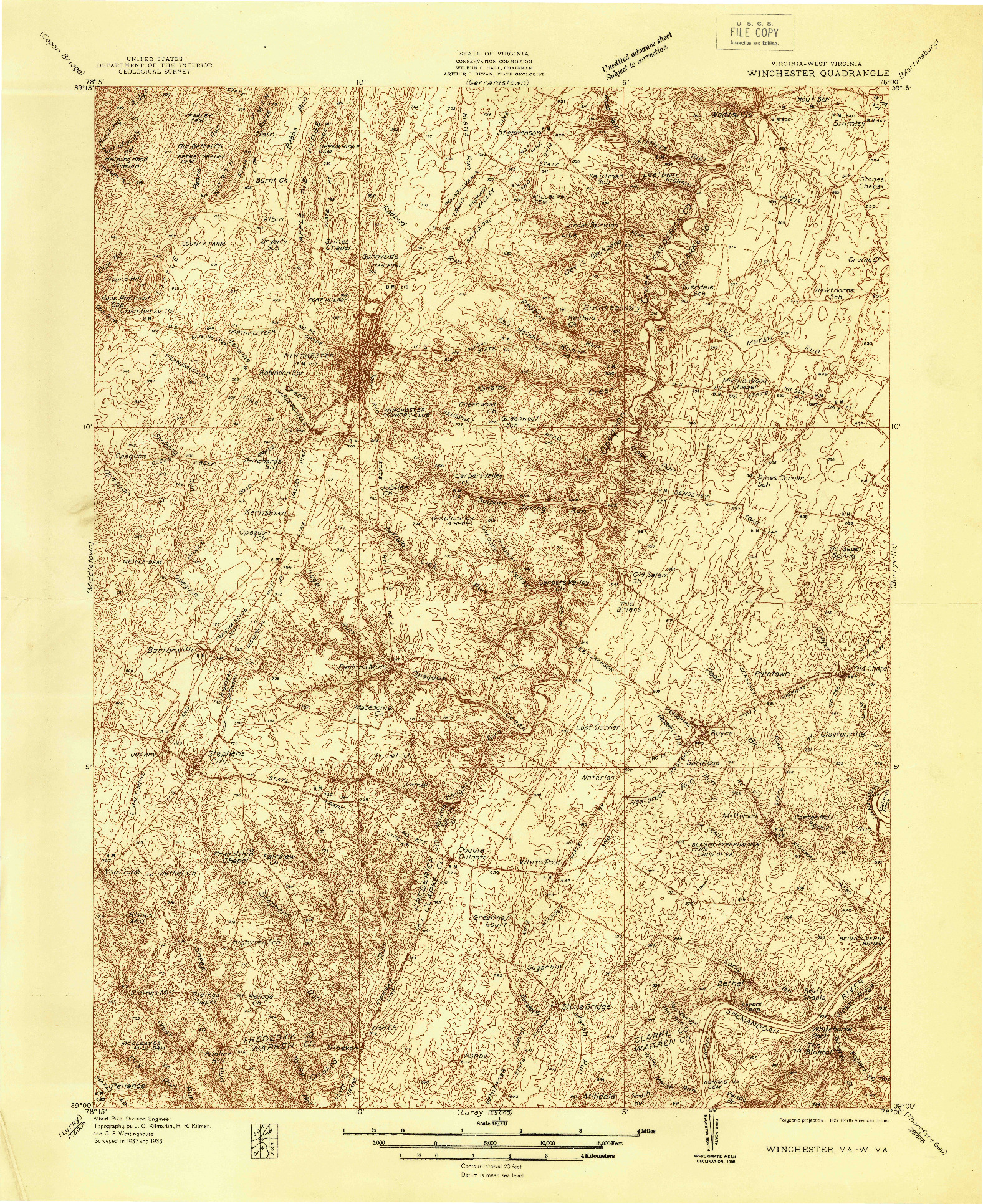 USGS 1:48000-SCALE QUADRANGLE FOR WINCHESTER, VA 1938