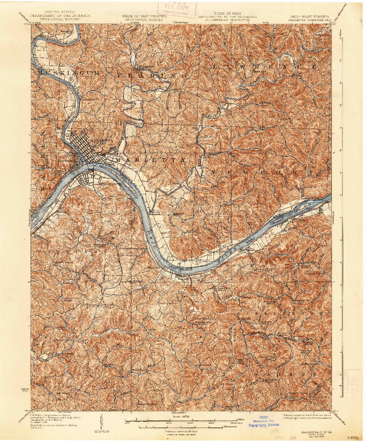 USGS 1:62500-SCALE QUADRANGLE FOR MARIETTA, OH 1927