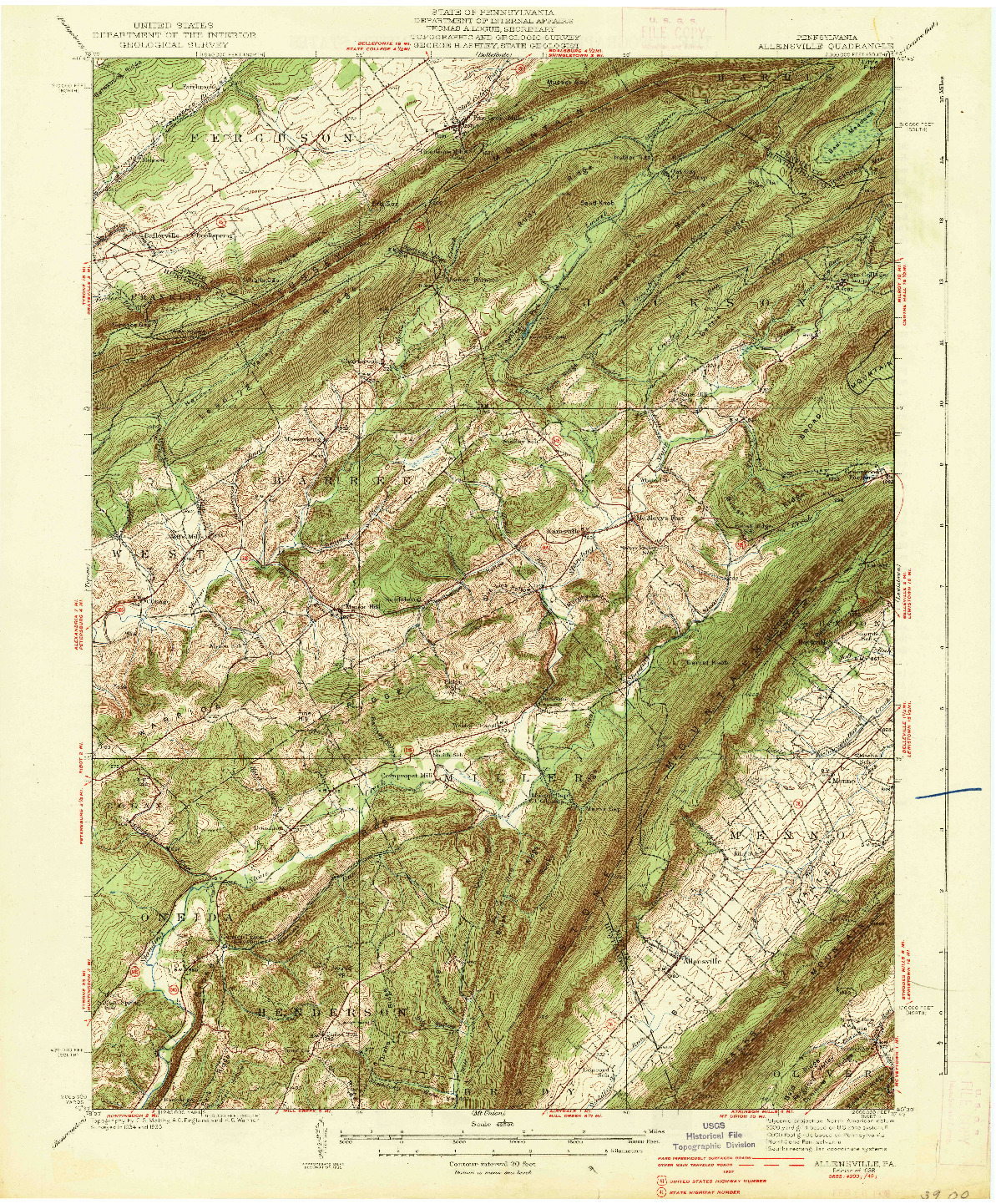 USGS 1:62500-SCALE QUADRANGLE FOR ALLENSVILLE, PA 1938
