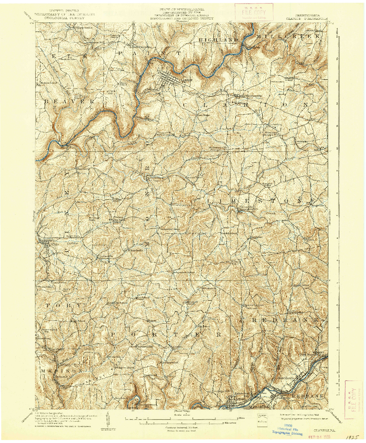 USGS 1:62500-SCALE QUADRANGLE FOR CLARION, PA 1907