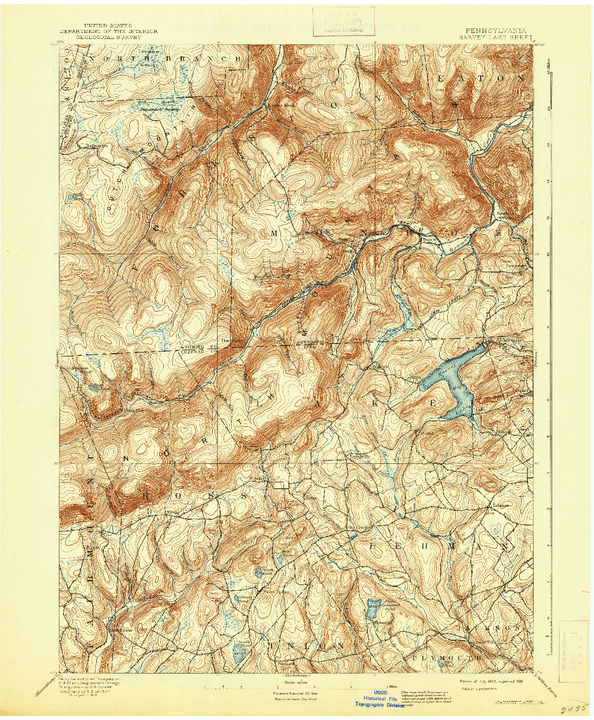 USGS 1:62500-SCALE QUADRANGLE FOR HARVEY LAKE, PA 1893