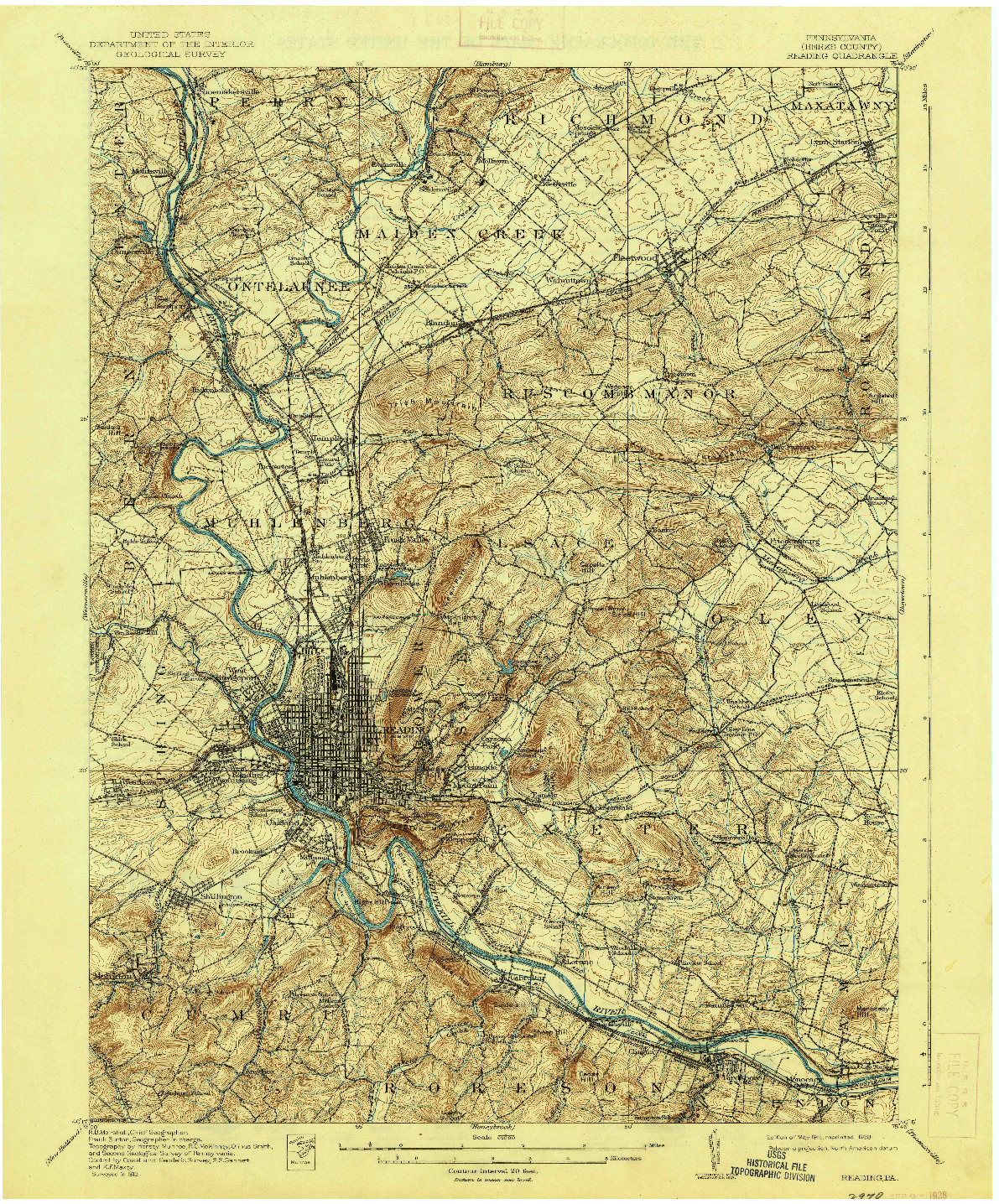 USGS 1:62500-SCALE QUADRANGLE FOR READING, PA 1915